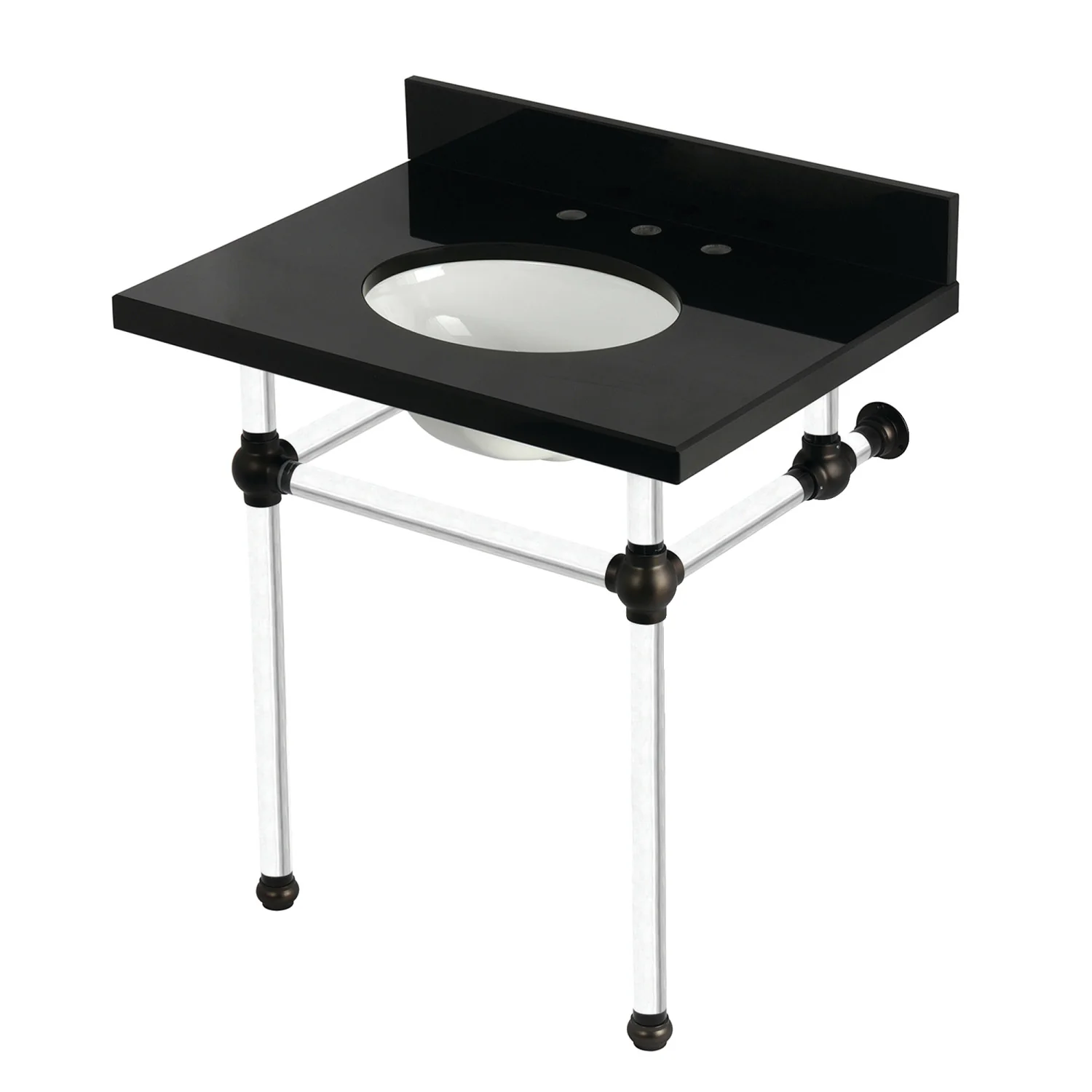 Kingston Tulare KVPK3030KA5 - Templeton 30-Inch Black Granite Console Sink with Acrylic Legs (8-Inch, 3-Hole), Black Granite/Oil Rubbed Bronze