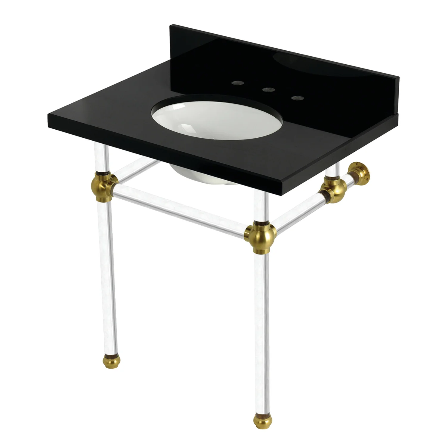 Kingston Tulare KVPK3030KA7 - Templeton 30-Inch Black Granite Console Sink with Acrylic Legs (8-Inch, 3-Hole), Black Granite/Brushed Brass