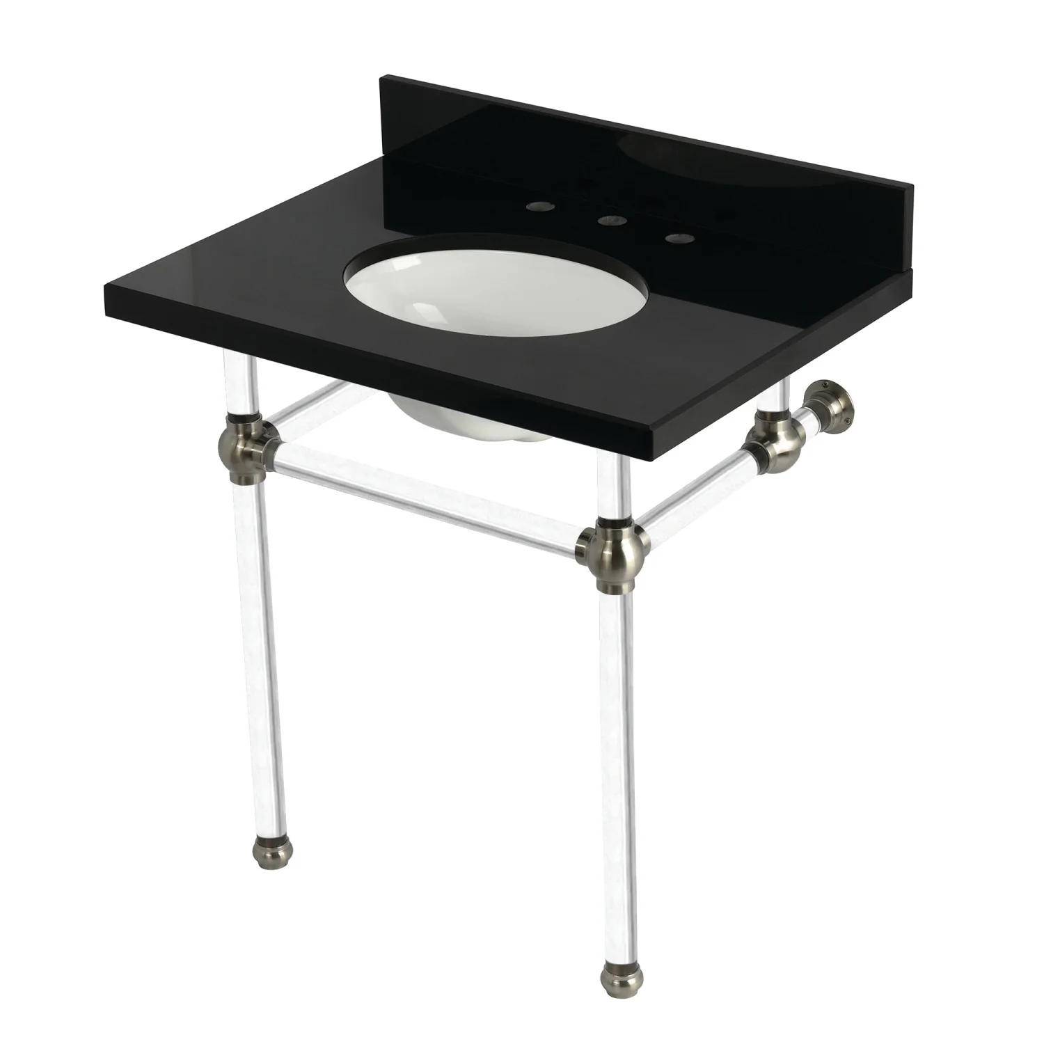 Kingston Tulare KVPK3030KA8 - Templeton 30-Inch Black Granite Console Sink with Acrylic Legs (8-Inch, 3-Hole), Black Granite/Brushed Nickel