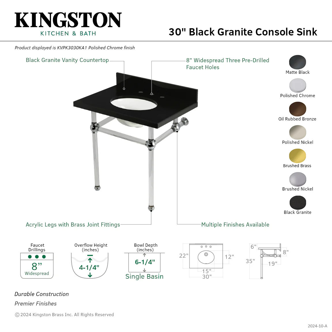 Kingston Tulare KVPK3030KA8 - Templeton 30-Inch Black Granite Console Sink with Acrylic Legs (8-Inch, 3-Hole), Black Granite/Brushed Nickel - Image 2