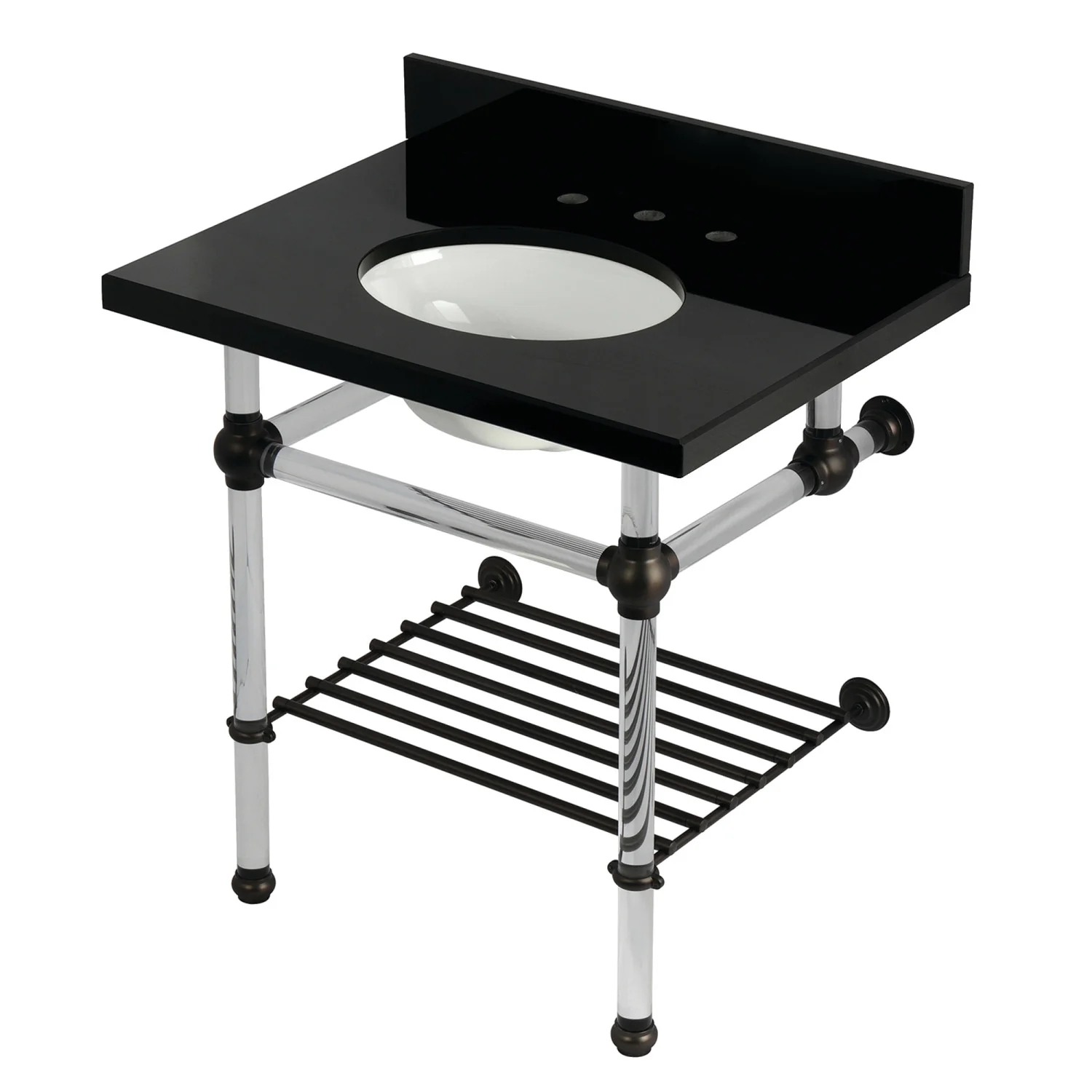 Kingston Tulare KVPK3030KAB5 - Templeton 30-Inch Black Granite Console Sink with Acrylic Legs and Shelf (8-Inch, 3-Hole), Black Granite/Oil Rubbed Bronze