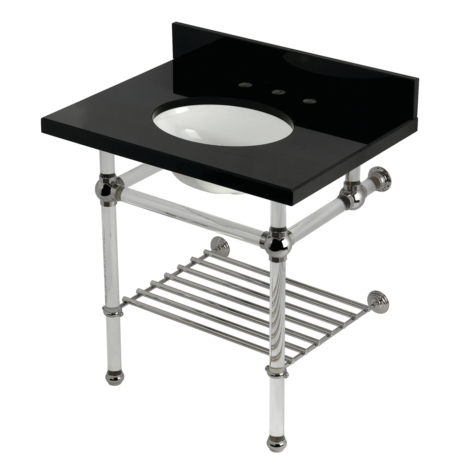 Kingston Tulare KVPK3030KAB6 - Templeton 30-Inch Black Granite Console Sink with Acrylic Legs and Shelf (8-Inch, 3-Hole), Black Granite/Polished Nickel