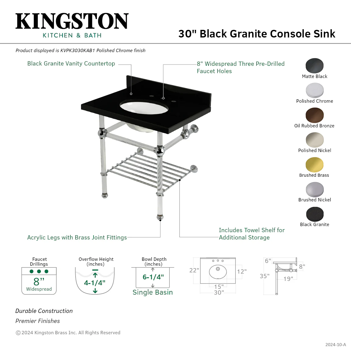 Kingston Tulare KVPK3030KAB6 - Templeton 30-Inch Black Granite Console Sink with Acrylic Legs and Shelf (8-Inch, 3-Hole), Black Granite/Polished Nickel - Image 2