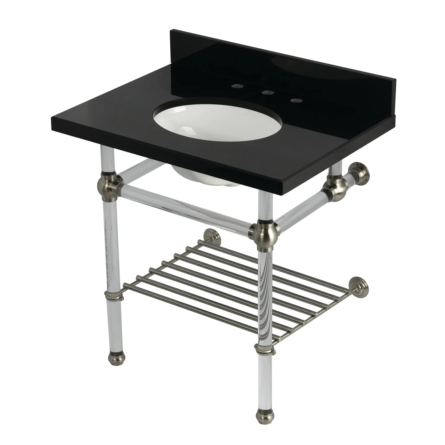 Kingston Tulare KVPK3030KAB8 - Templeton 30-Inch Black Granite Console Sink with Acrylic Legs and Shelf (8-Inch, 3-Hole), Black Granite/Brushed Nickel