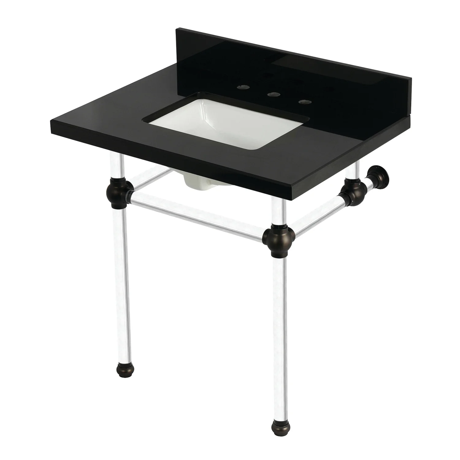 Kingston Tulare KVPK3030KASQ5 - Templeton 30-Inch Black Granite Console Sink with Acrylic Legs (8-Inch, 3-Hole), Black Granite/Oil Rubbed Bronze