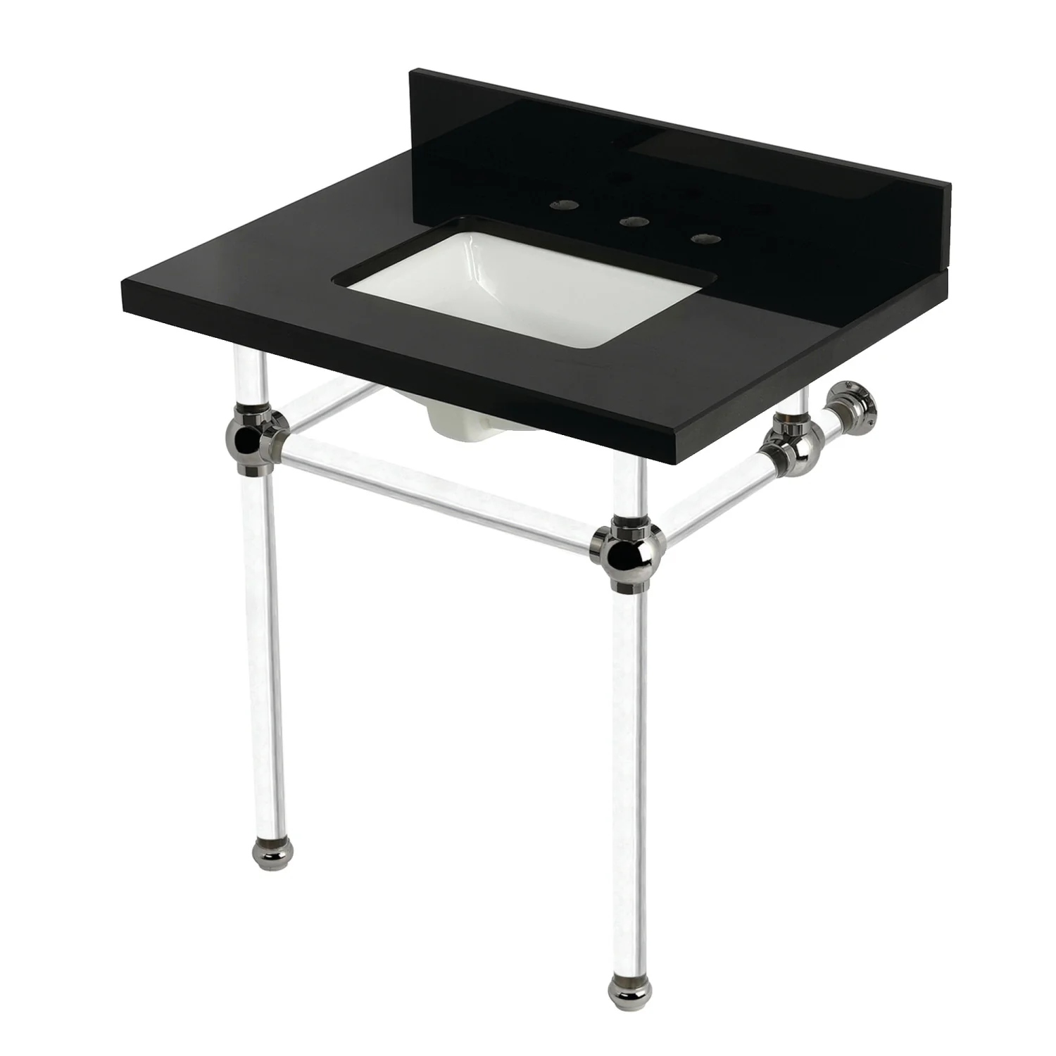 Kingston Tulare KVPK3030KASQ6 - Templeton 30-Inch Black Granite Console Sink with Acrylic Legs (8-Inch, 3-Hole), Black Granite/Polished Nickel