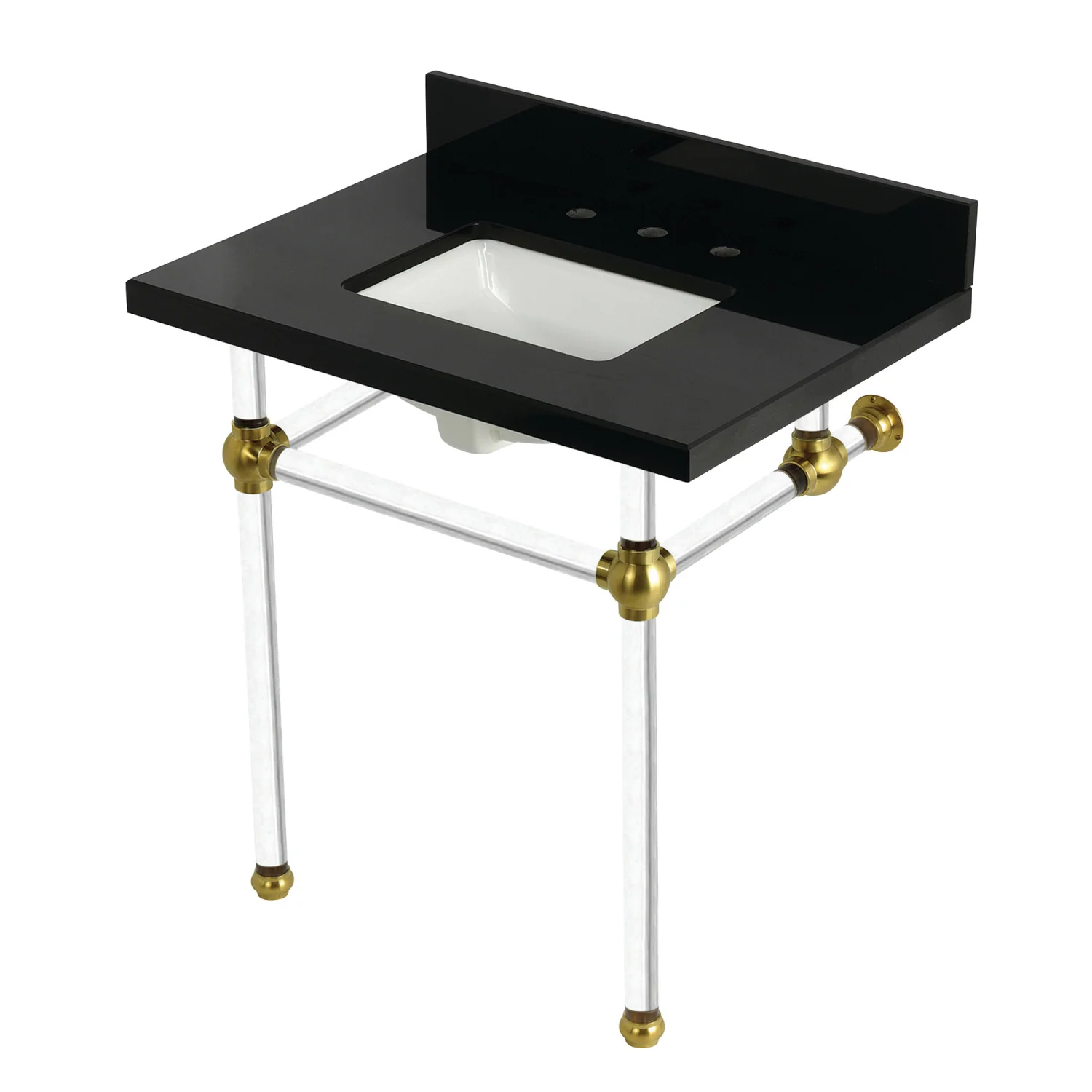 Kingston Tulare KVPK3030KASQ7 - Templeton 30-Inch Black Granite Console Sink with Acrylic Legs (8-Inch, 3-Hole), Black Granite/Brushed Brass
