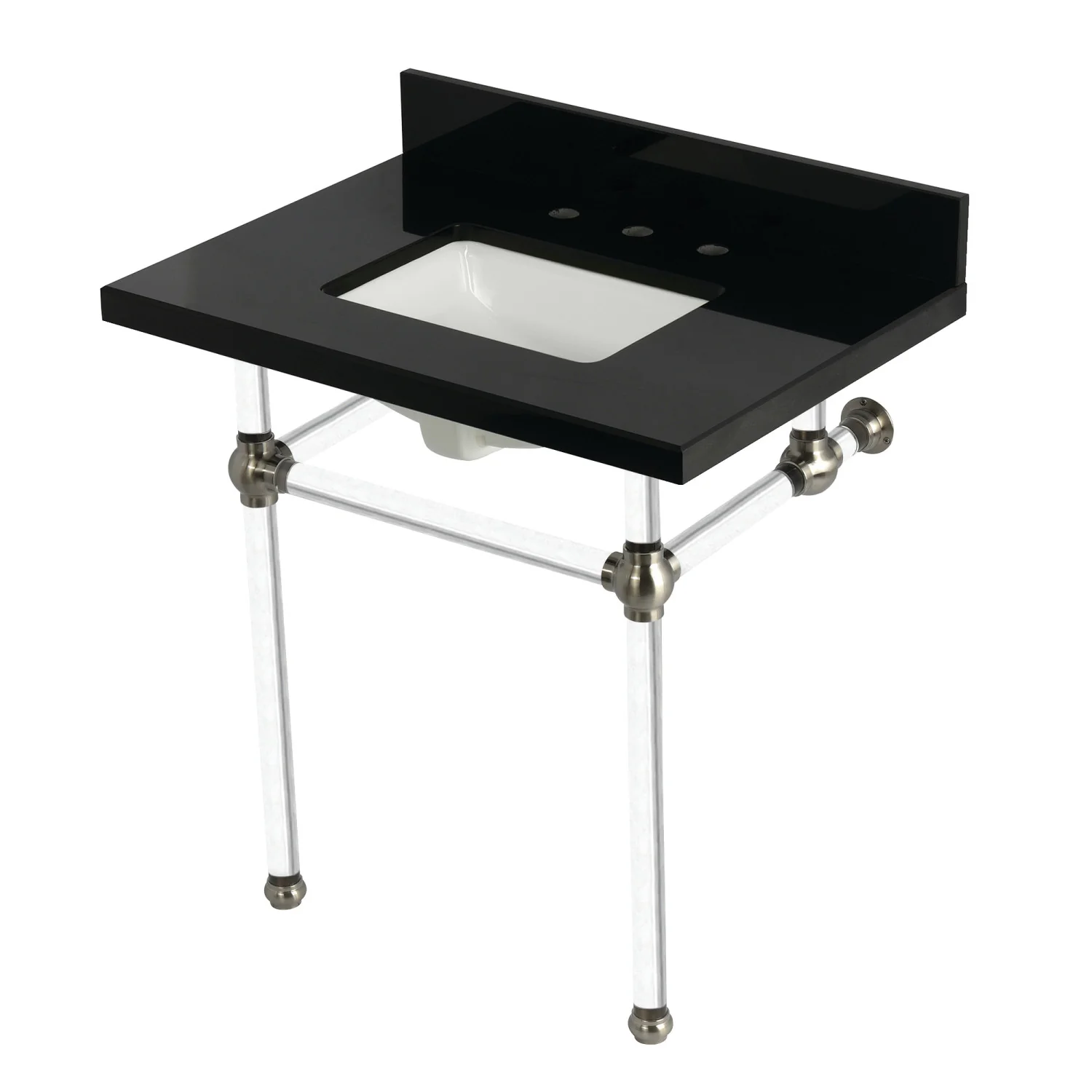 Kingston Tulare KVPK3030KASQ8 - Templeton 30-Inch Black Granite Console Sink with Acrylic Legs (8-Inch, 3-Hole), Black Granite/Brushed Nickel