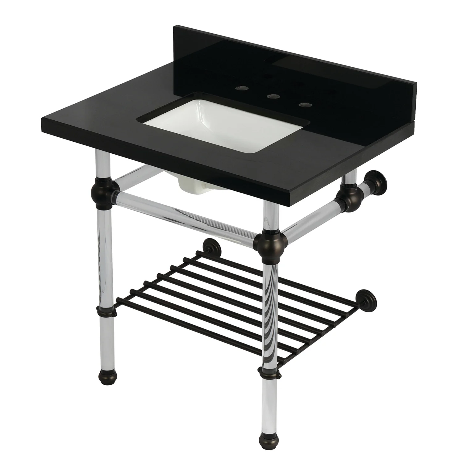 Kingston Tulare KVPK3030KASQB5 - Templeton 30-Inch Black Granite Console Sink with Acrylic Legs and Shelf (8-Inch, 3-Hole), Black Granite/Oil Rubbed Bronze
