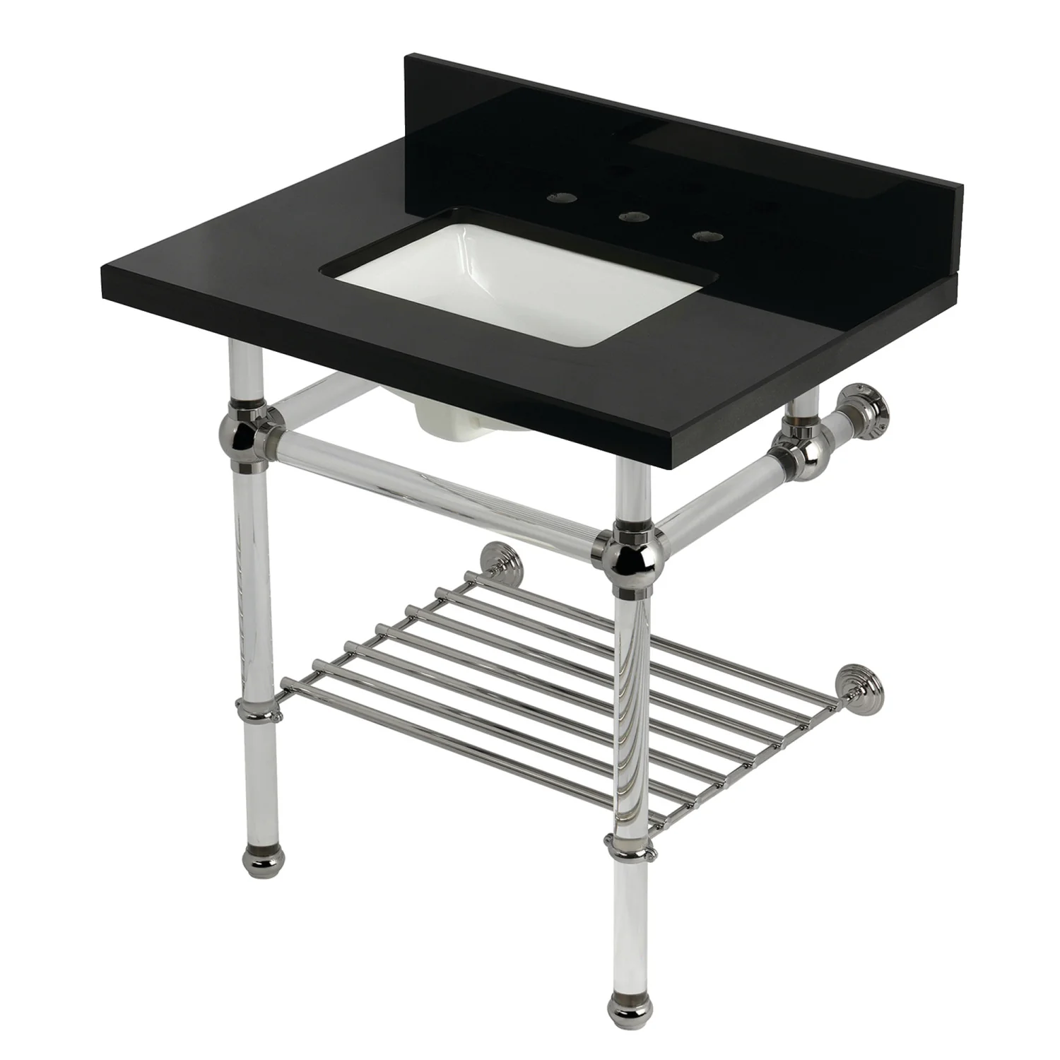 Kingston Tulare KVPK3030KASQB6 - Templeton 30-Inch Black Granite Console Sink with Acrylic Legs and Shelf (8-Inch, 3-Hole), Black Granite/Polished Nickel