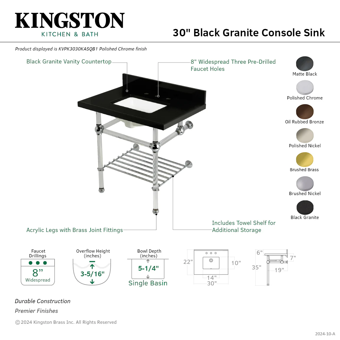 Kingston Tulare KVPK3030KASQB7 - Templeton 30-Inch Black Granite Console Sink with Acrylic Legs and Shelf (8-Inch, 3-Hole), Black Granite/Brushed Brass - Image 2