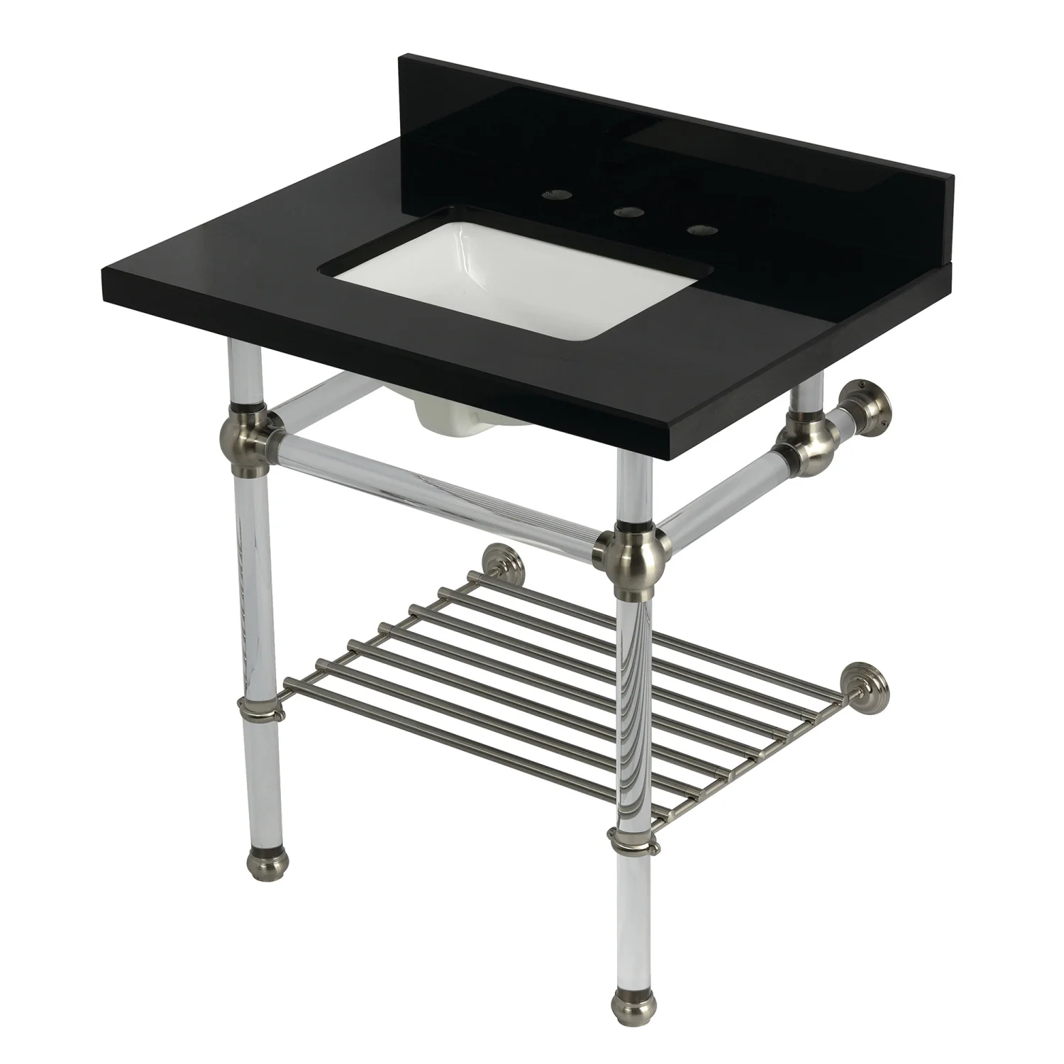 Kingston Tulare KVPK3030KASQB8 - Templeton 30-Inch Black Granite Console Sink with Acrylic Legs and Shelf (8-Inch, 3-Hole), Black Granite/Brushed Nickel