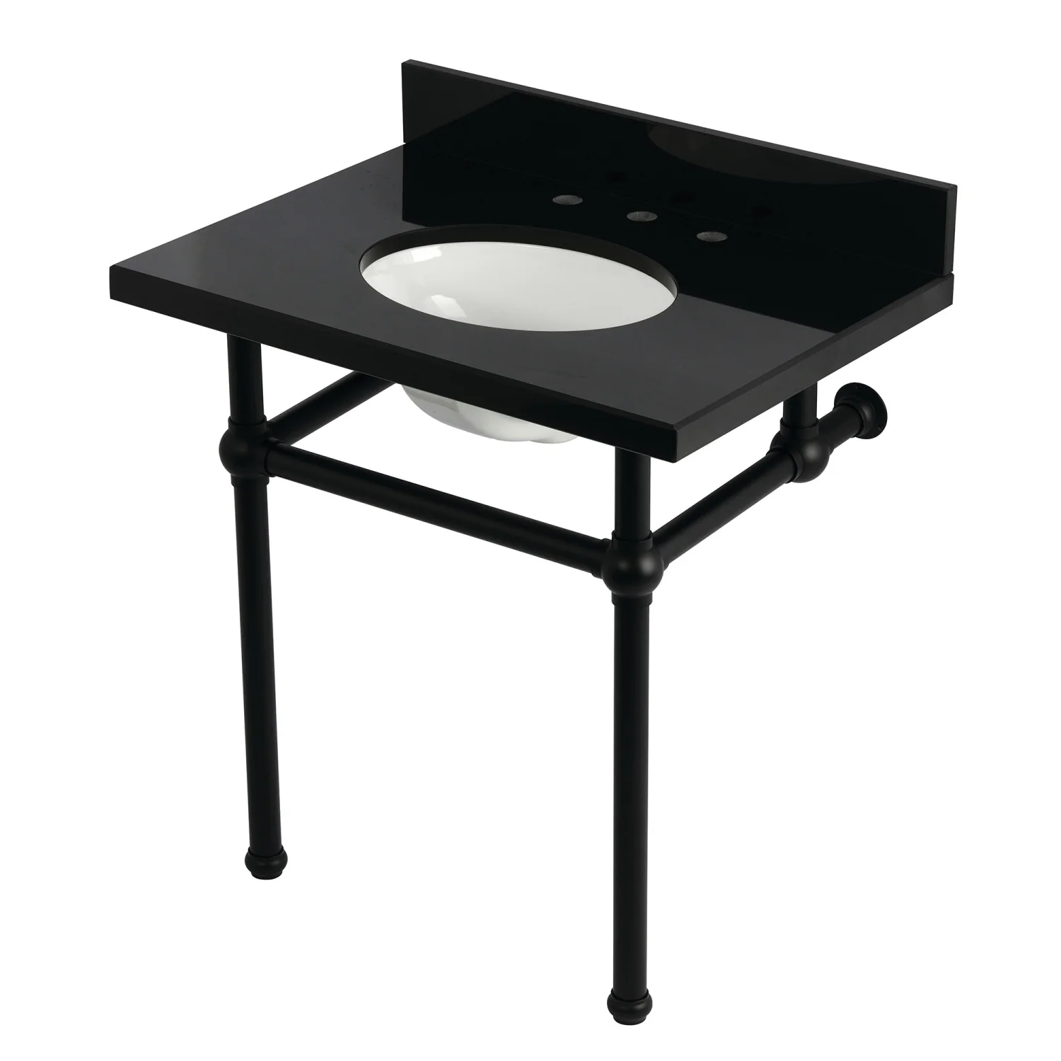 Kingston Heirloom KVPK3030KB0 - Templeton 30-Inch Black Granite Console Sink with Brass Legs (8-Inch, 3-Hole), Black Granite/Matte Black