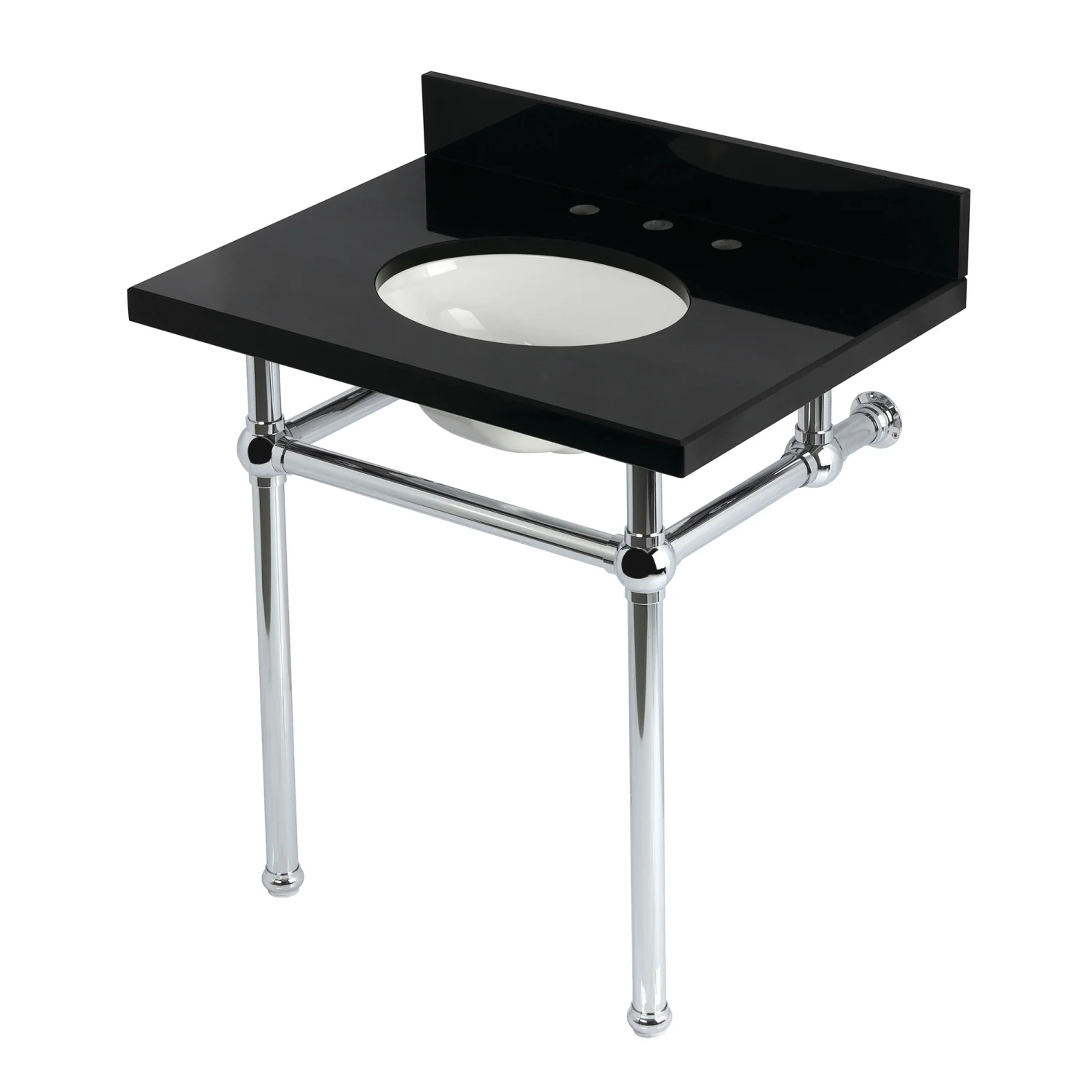 Kingston Heirloom KVPK3030KB1 - Templeton 30-Inch Black Granite Console Sink with Brass Legs (8-Inch, 3-Hole), Black Granite/Polished Chrome