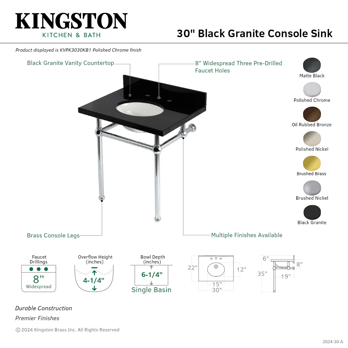 Kingston Heirloom KVPK3030KB5 - Templeton 30-Inch Black Granite Console Sink with Brass Legs (8-Inch, 3-Hole), Black Granite/Oil Rubbed Bronze - Image 2