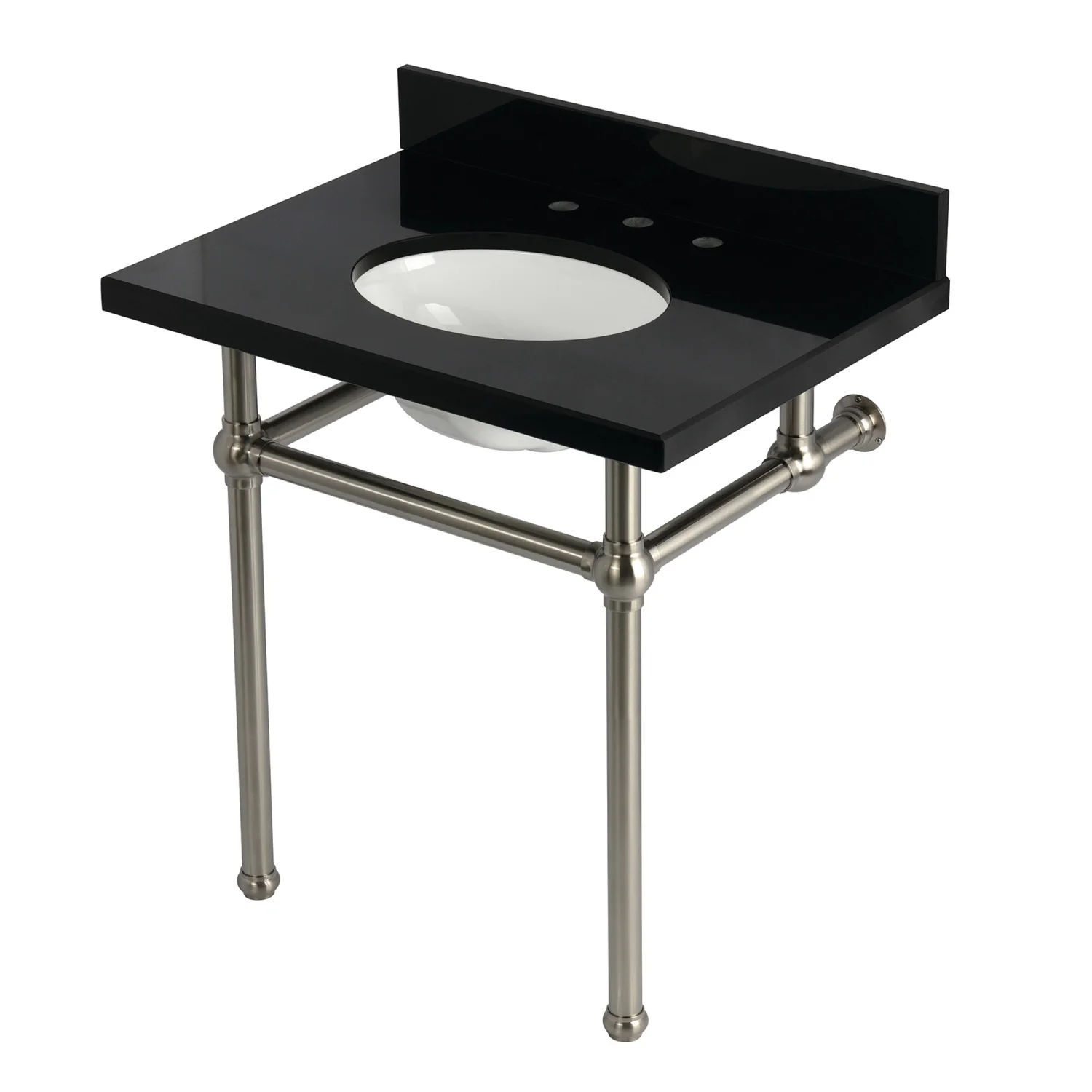 Kingston Heirloom KVPK3030KB8 - Templeton 30-Inch Black Granite Console Sink with Brass Legs (8-Inch, 3-Hole), Black Granite/Brushed Nickel