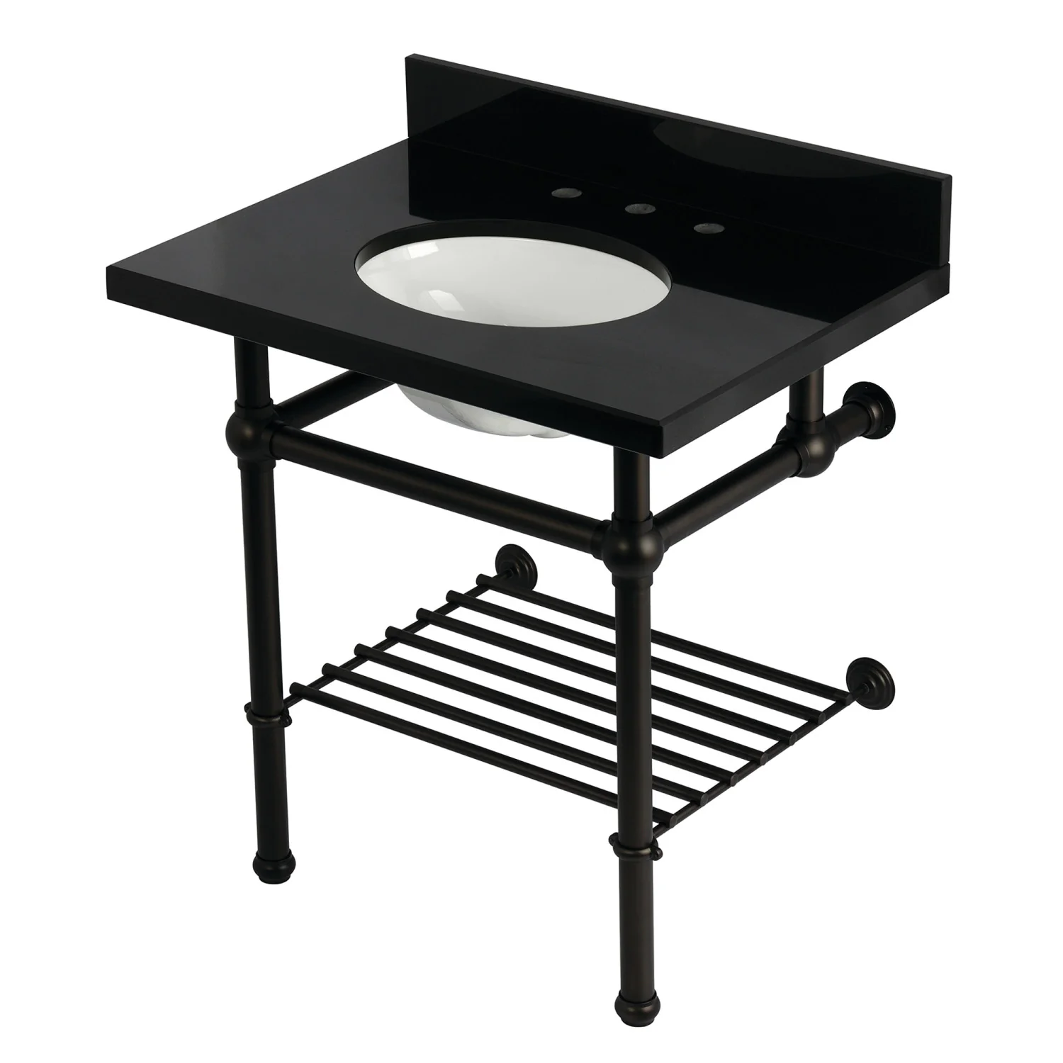 Kingston Heirloom KVPK3030KBB5 - Templeton 30-Inch Black Granite Console Sink with Brass Legs and Shelf (8-Inch, 3-Hole), Black Granite/Oil Rubbed Bronze