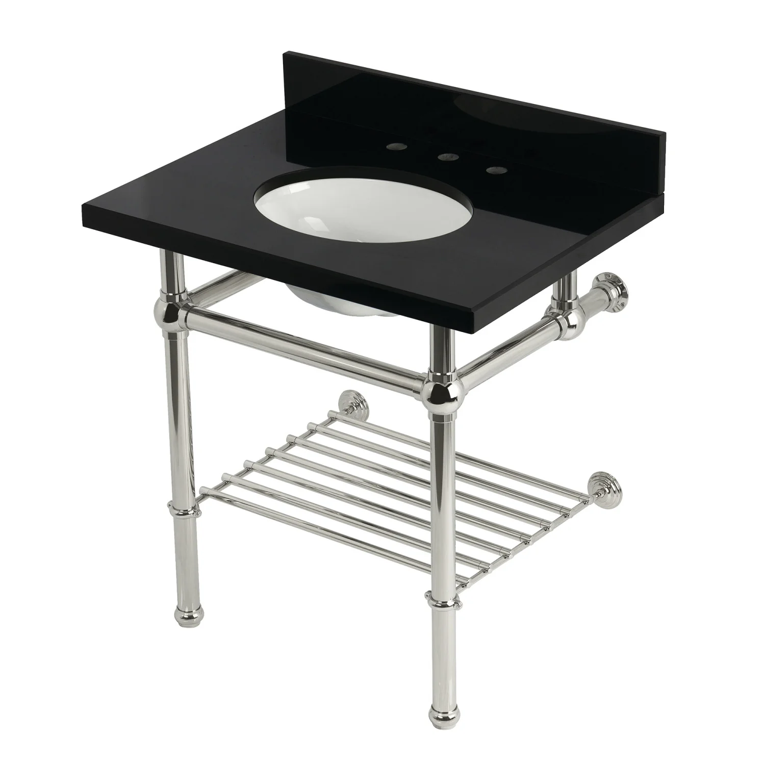 Kingston Heirloom KVPK3030KBB6 - Templeton 30-Inch Black Granite Console Sink with Brass Legs and Shelf (8-Inch, 3-Hole), Black Granite/Polished Nickel