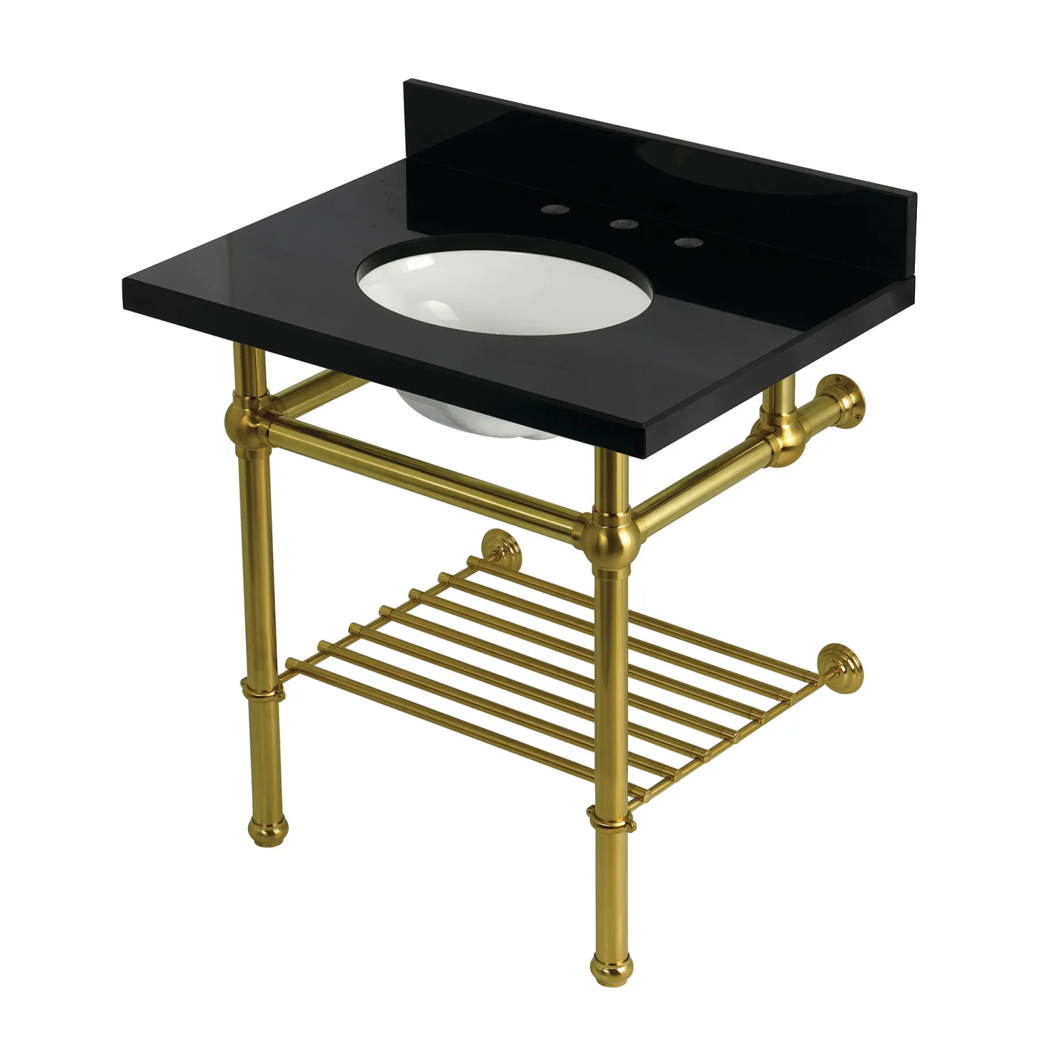 Kingston Heirloom KVPK3030KBB7 - Templeton 30-Inch Black Granite Console Sink with Brass Legs and Shelf (8-Inch, 3-Hole), Black Granite/Brushed Brass