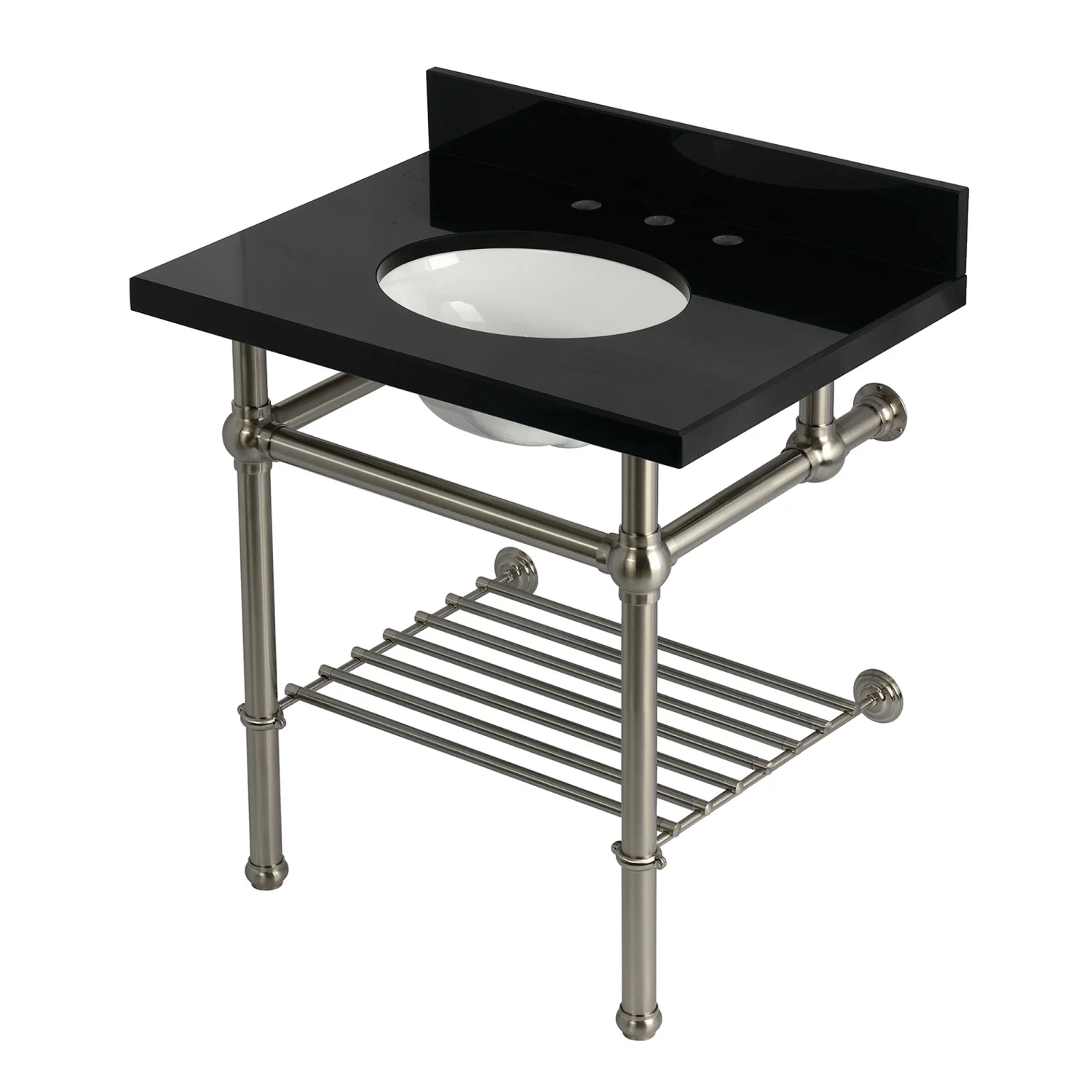 Kingston Heirloom KVPK3030KBB8 - Templeton 30-Inch Black Granite Console Sink with Brass Legs and Shelf (8-Inch, 3-Hole), Black Granite/Brushed Nickel