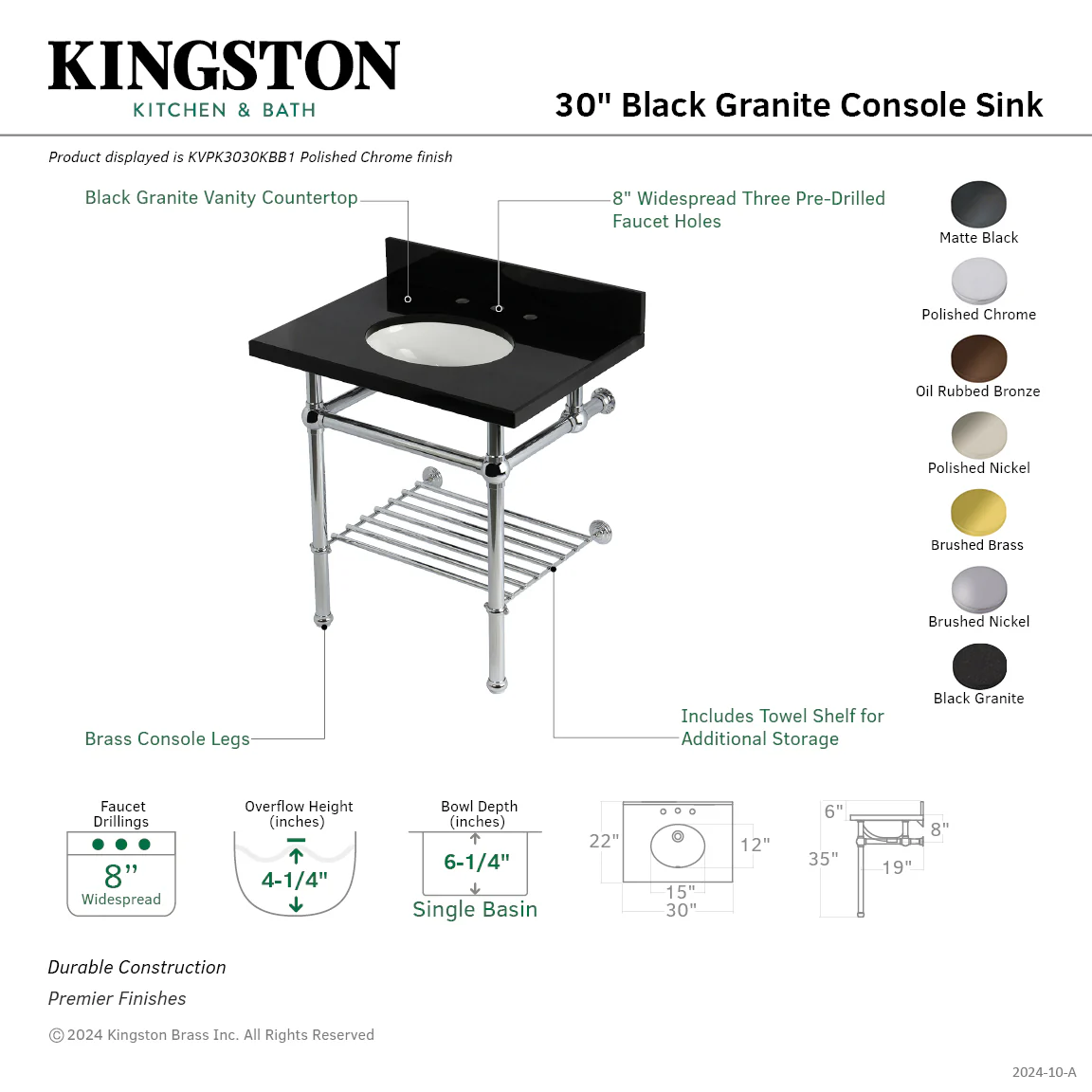 Kingston Heirloom KVPK3030KBB8 - Templeton 30-Inch Black Granite Console Sink with Brass Legs and Shelf (8-Inch, 3-Hole), Black Granite/Brushed Nickel - Image 2