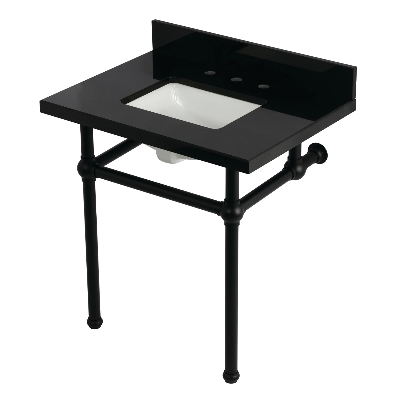 Kingston Heirloom KVPK3030KBSQ0 - Templeton 30-Inch Black Granite Console Sink with Brass Legs (8-Inch, 3-Hole), Black Granite/Matte Black