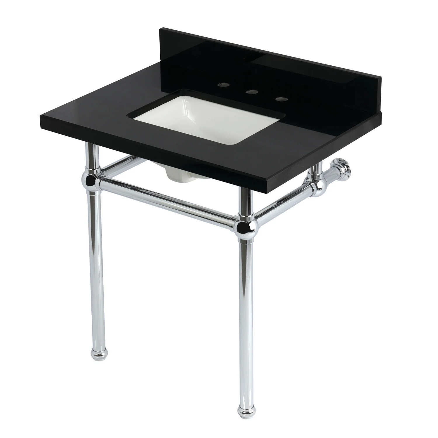 Kingston Heirloom KVPK3030KBSQ1 - Templeton 30-Inch Black Granite Console Sink with Brass Legs (8-Inch, 3-Hole), Black Granite/Polished Chrome