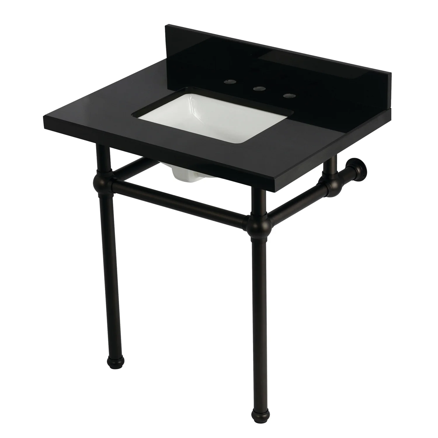 Kingston Heirloom KVPK3030KBSQ5 - Templeton 30-Inch Black Granite Console Sink with Brass Legs (8-Inch, 3-Hole), Black Granite/Oil Rubbed Bronze