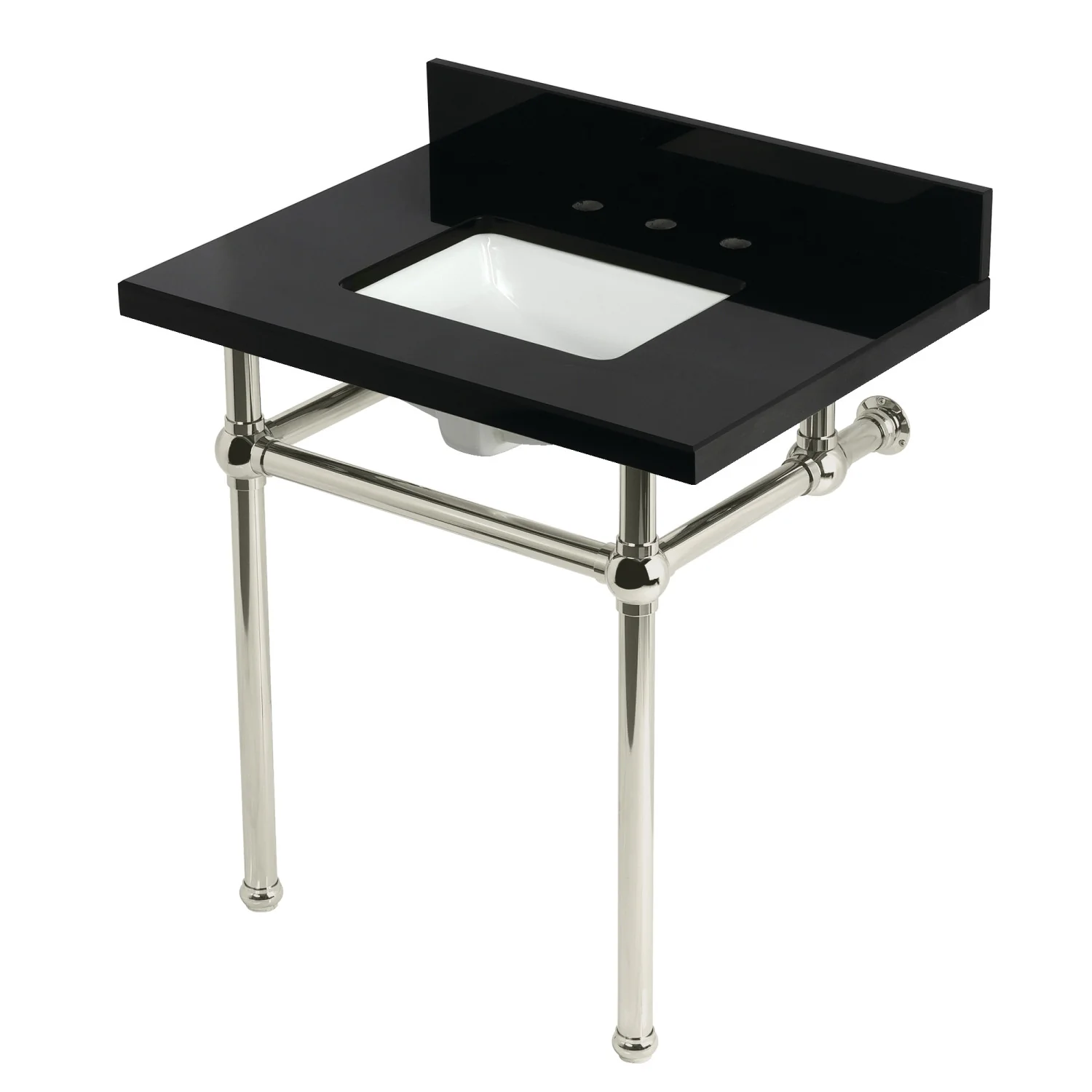Kingston Heirloom KVPK3030KBSQ6 - Templeton 30-Inch Black Granite Console Sink with Brass Legs (8-Inch, 3-Hole), Black Granite/Polished Nickel