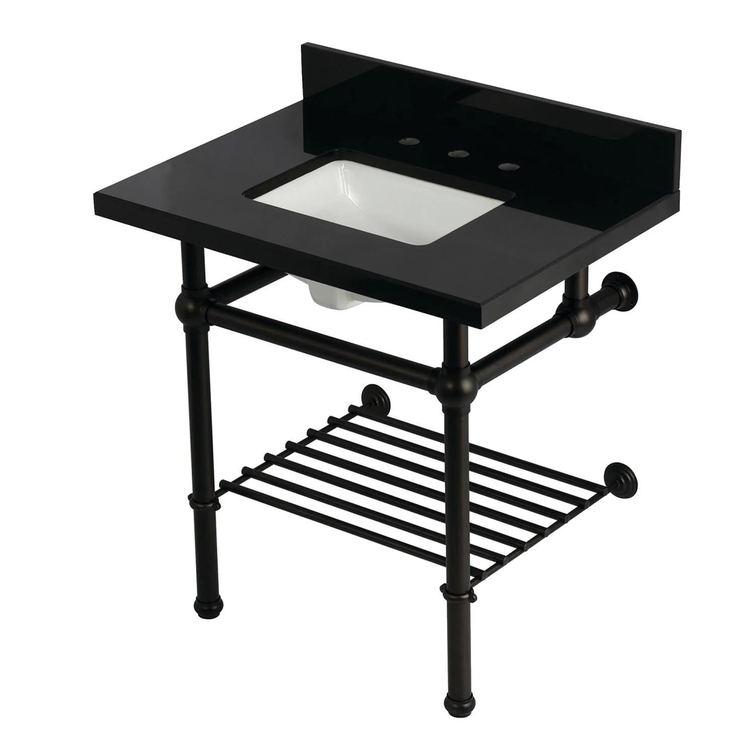 Kingston Heirloom KVPK3030KBSQB5 - Templeton 30-Inch Black Granite Console Sink with Brass Legs and Shelf (8-Inch, 3-Hole), Black Granite/Oil Rubbed Bronze