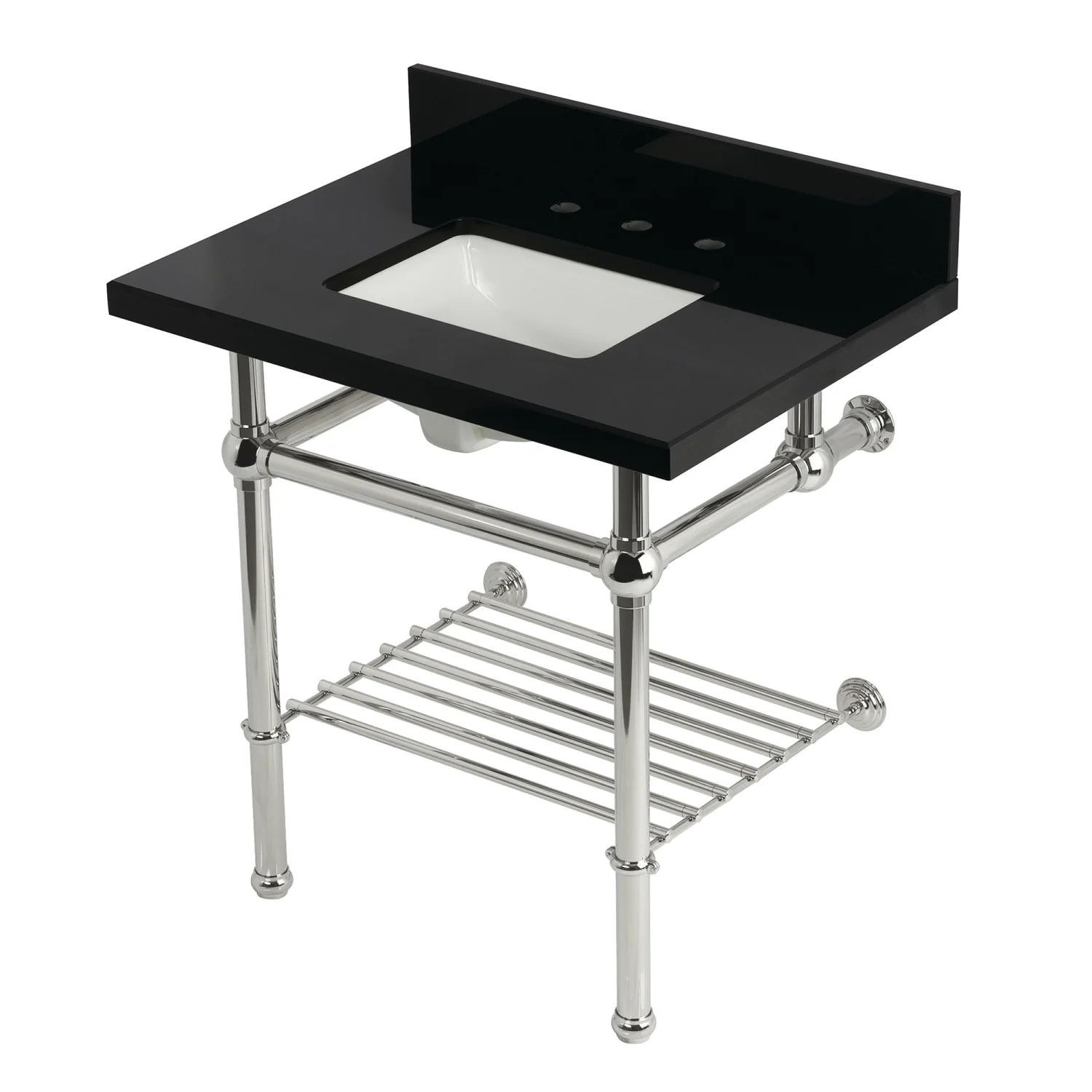 Kingston Heirloom KVPK3030KBSQB6 - Templeton 30-Inch Black Granite Console Sink with Brass Legs and Shelf (8-Inch, 3-Hole), Black Granite/Polished Nickel