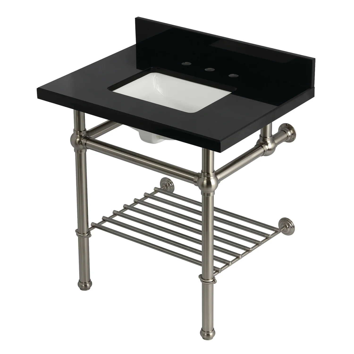 Kingston Heirloom KVPK3030KBSQB8 - Templeton 30-Inch Black Granite Console Sink with Brass Legs and Shelf (8-Inch, 3-Hole), Black Granite/Brushed Nickel