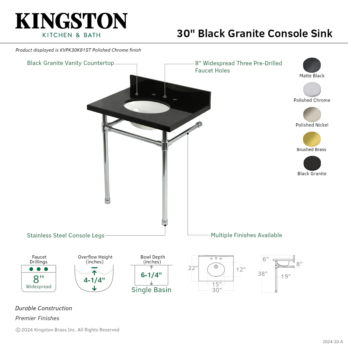 Kingston Tulare KVPK30K81ST - Dreyfuss 30-Inch Black Granite Console Sink with Stainless Steel Legs (8-Inch, 3-Hole), Black Granite/Polished Chrome - Image 2