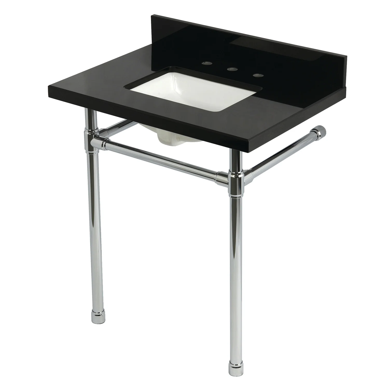 Kingston Tulare KVPK30K8SQ1ST - Dreyfuss 30-Inch Black Granite Console Sink with Stainless Steel Legs (8-Inch, 3-Hole), Black Granite/Polished Chrome