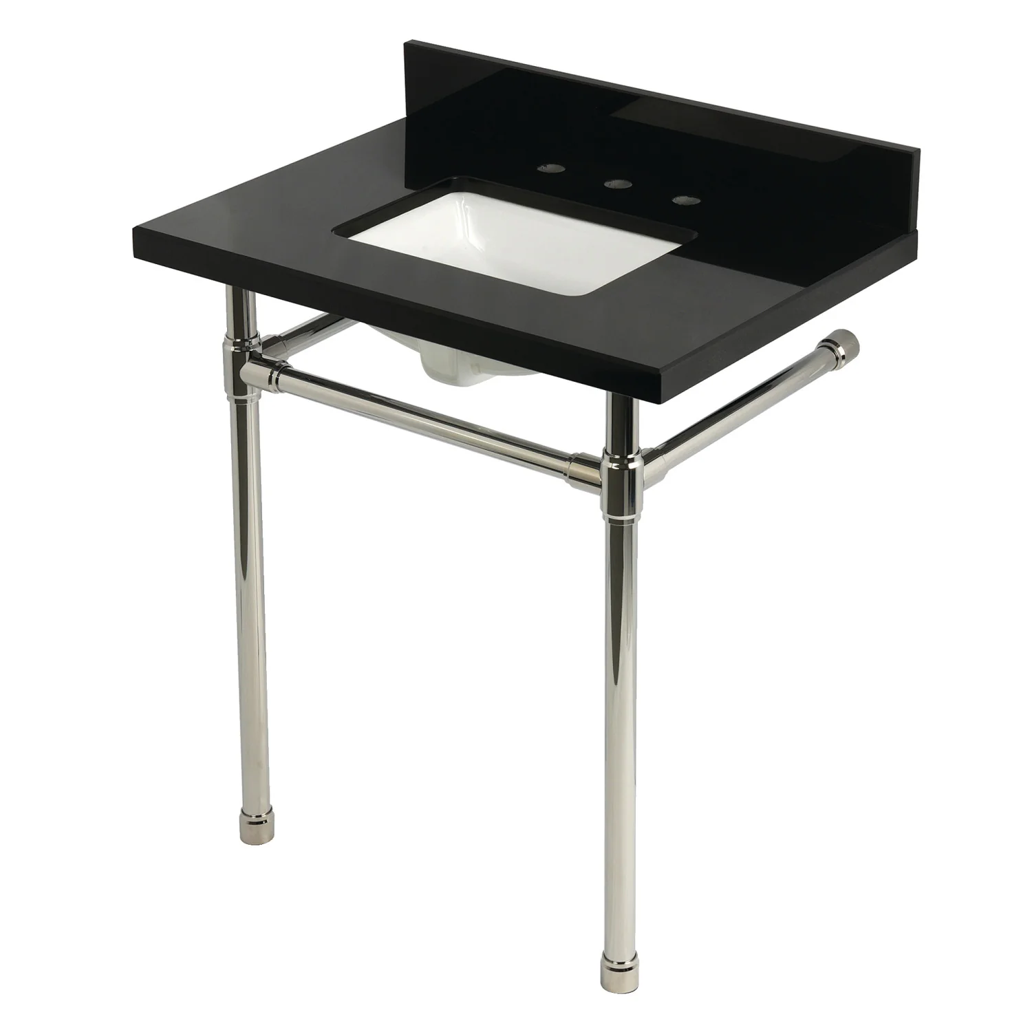 Kingston Tulare KVPK30K8SQ6ST - Dreyfuss 30-Inch Black Granite Console Sink with Stainless Steel Legs (8-Inch, 3-Hole), Black Granite/Polished Nickel