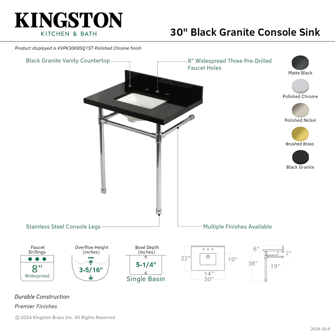 Kingston Tulare KVPK30K8SQ6ST - Dreyfuss 30-Inch Black Granite Console Sink with Stainless Steel Legs (8-Inch, 3-Hole), Black Granite/Polished Nickel - Image 2