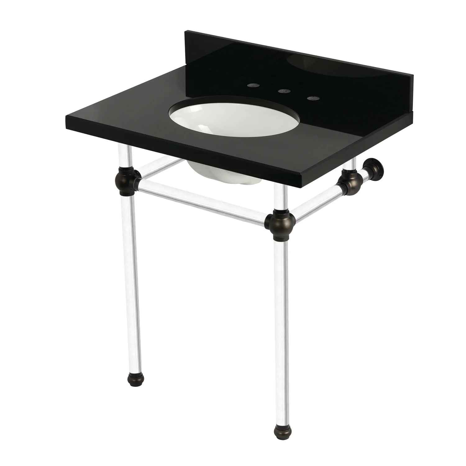 Kingston Tulare KVPK30KA5 - Templeton 30-Inch Black Granite Console Sink with Acrylic Legs (8-Inch, 3-Hole), Black Granite/Oil Rubbed Bronze