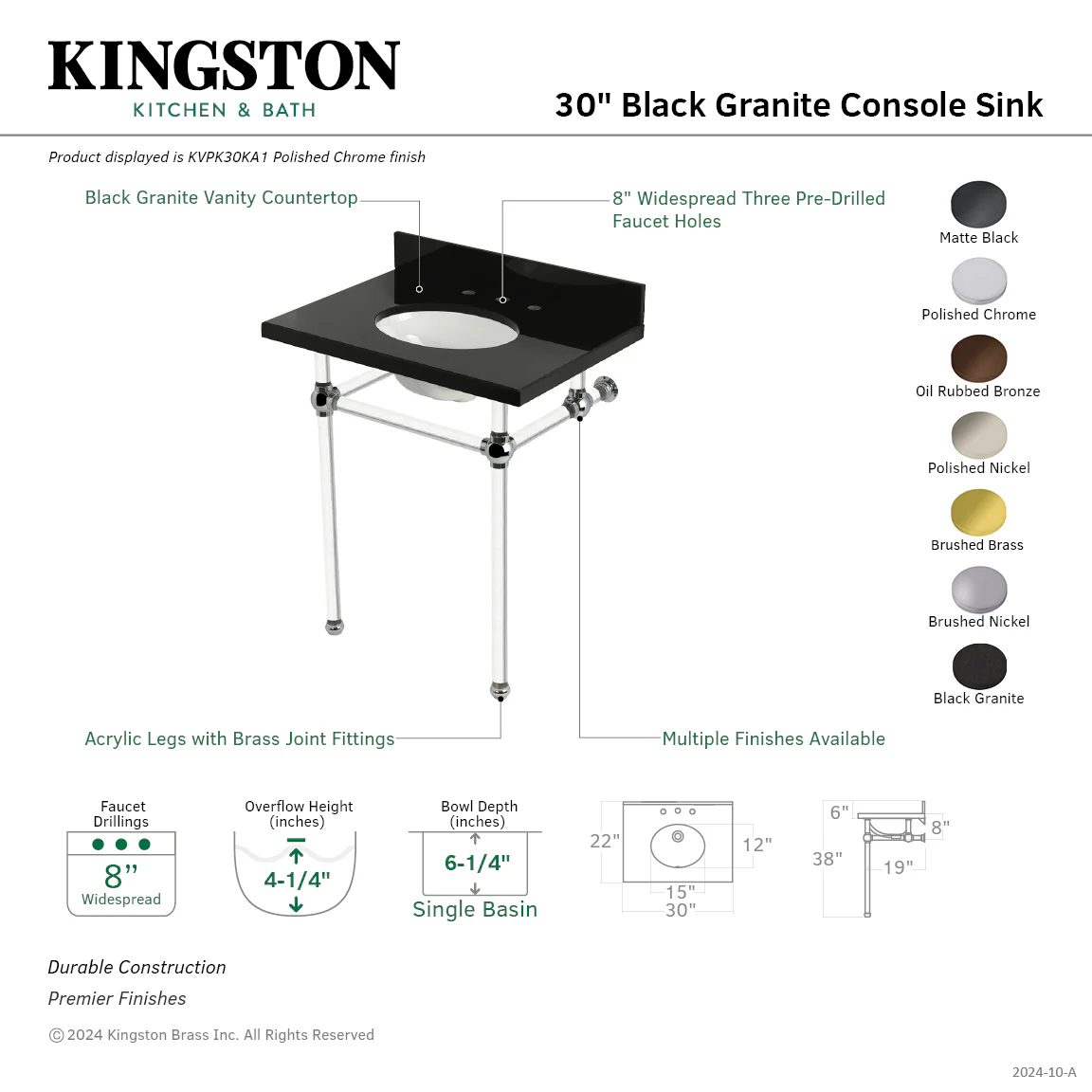 Kingston Tulare KVPK30KA7 - Templeton 30-Inch Black Granite Console Sink with Acrylic Legs (8-Inch, 3-Hole), Black Granite/Brushed Brass - Image 2