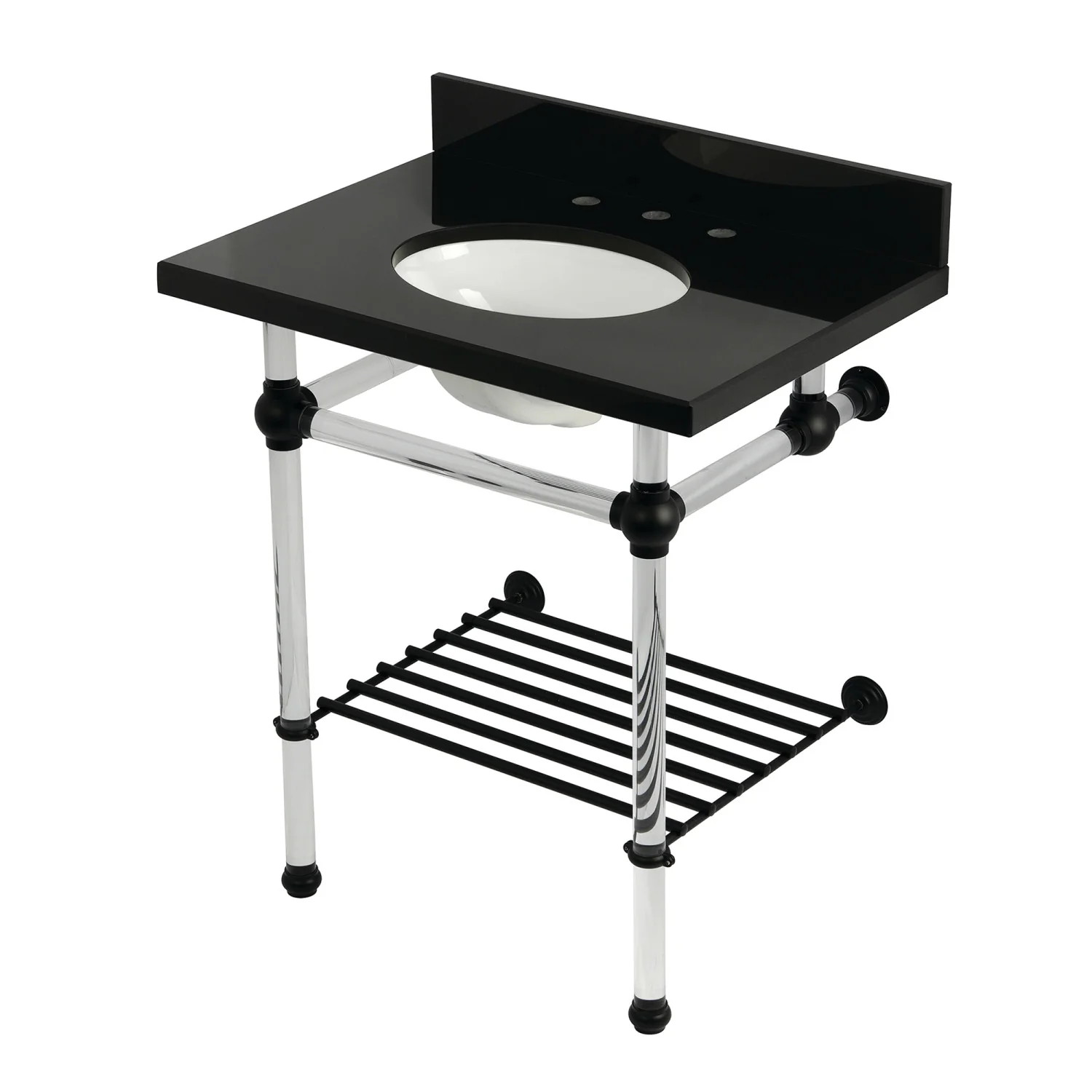 Kingston Tulare KVPK30KAB0 - Templeton 30-Inch Black Granite Console Sink with Acrylic Legs and Shelf (8-Inch, 3-Hole), Black Granite/Matte Black