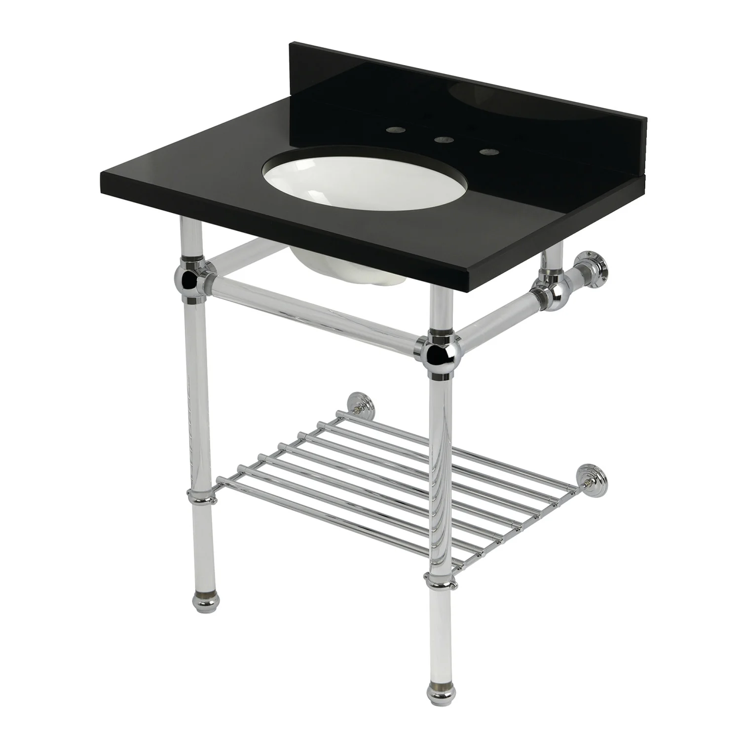 Kingston Tulare KVPK30KAB1 - Templeton 30-Inch Black Granite Console Sink with Acrylic Legs and Shelf (8-Inch, 3-Hole), Black Granite/Polished Chrome