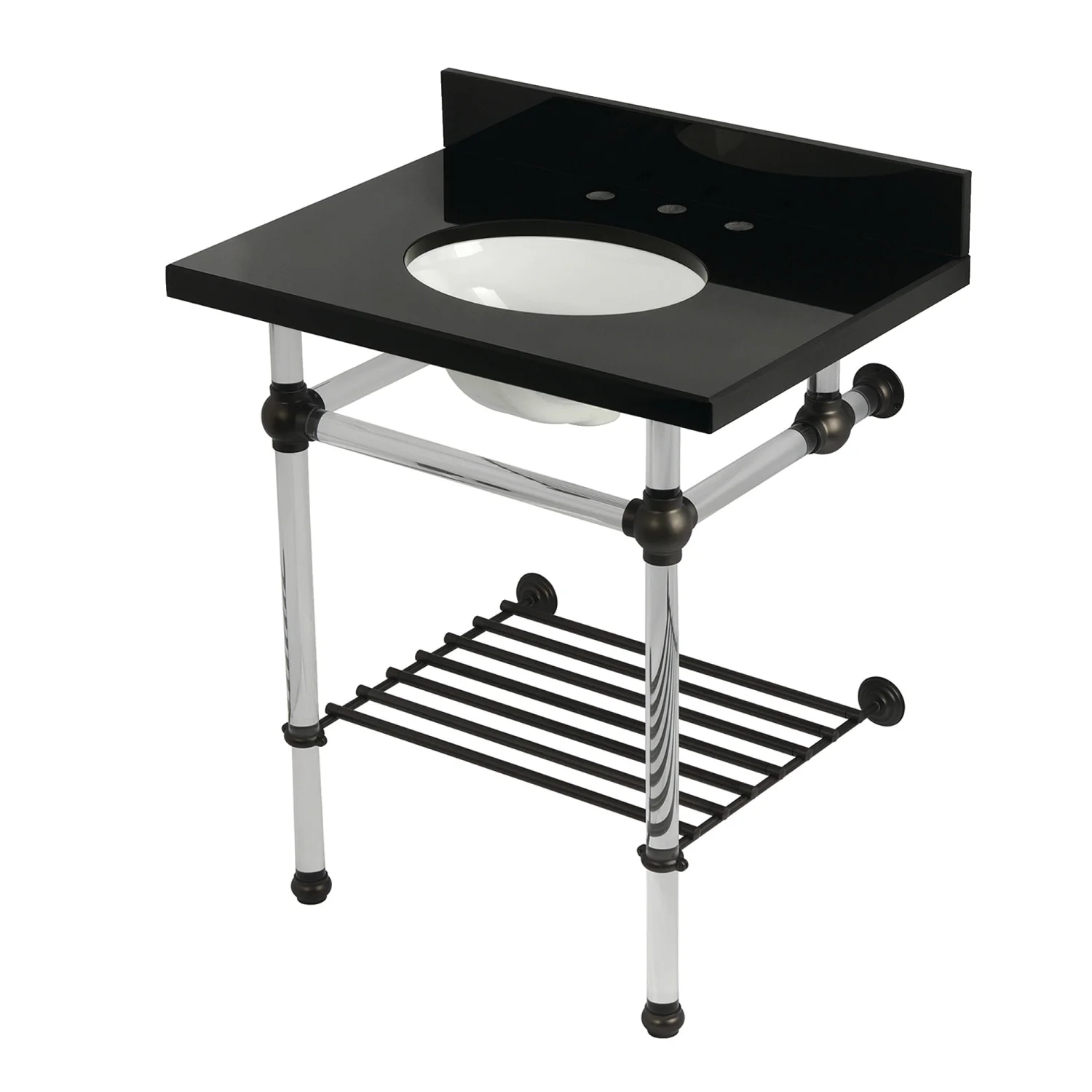 Kingston Tulare KVPK30KAB5 - Templeton 30-Inch Black Granite Console Sink with Acrylic Legs and Shelf (8-Inch, 3-Hole), Black Granite/Oil Rubbed Bronze