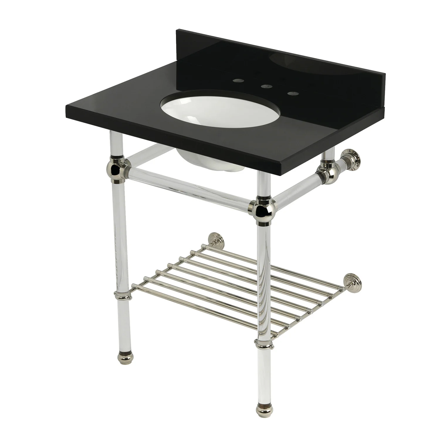 Kingston Tulare KVPK30KAB6 - Templeton 30-Inch Black Granite Console Sink with Acrylic Legs and Shelf (8-Inch, 3-Hole), Black Granite/Polished Nickel