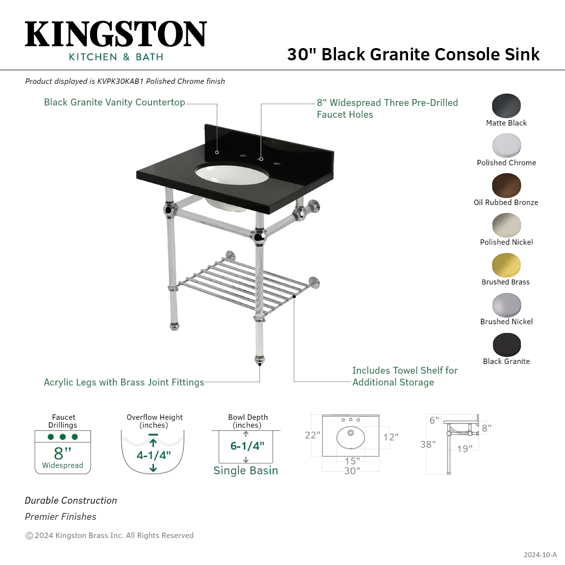 Kingston Tulare KVPK30KAB6 - Templeton 30-Inch Black Granite Console Sink with Acrylic Legs and Shelf (8-Inch, 3-Hole), Black Granite/Polished Nickel - Image 2