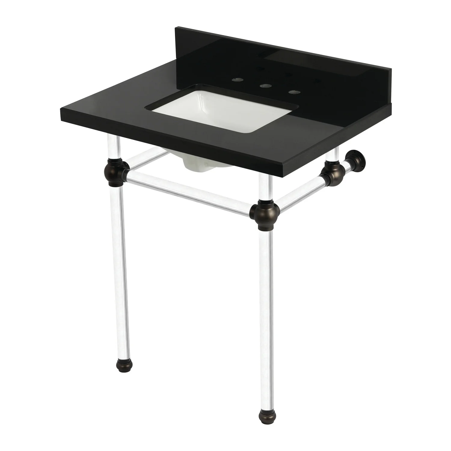 Kingston Tulare KVPK30KASQ5 - Templeton 30-Inch Black Granite Console Sink with Acrylic Legs (8-Inch, 3-Hole), Black Granite/Oil Rubbed Bronze