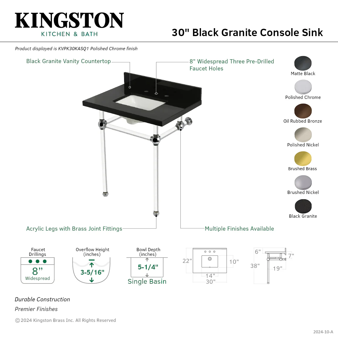 Kingston Tulare KVPK30KASQ6 - Templeton 30-Inch Black Granite Console Sink with Acrylic Legs (8-Inch, 3-Hole), Black Granite/Polished Nickel