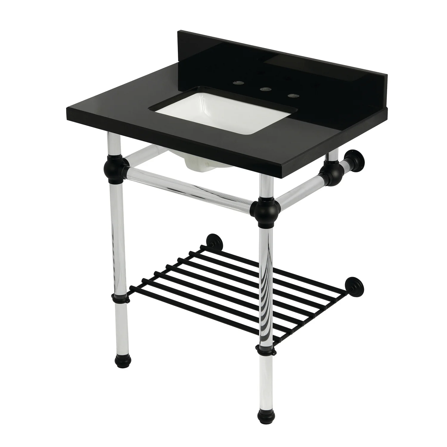 Kingston Tulare KVPK30KASQB0 - Templeton 30-Inch Black Granite Console Sink with Acrylic Legs and Shelf (8-Inch, 3-Hole), Black Granite/Matte Black