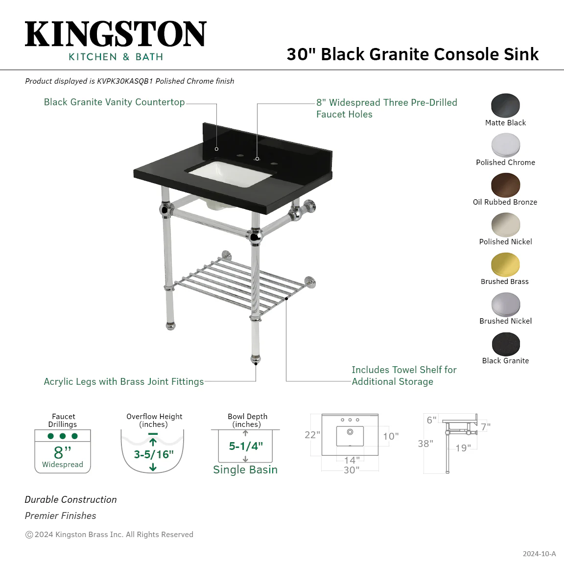 Kingston Tulare KVPK30KASQB0 - Templeton 30-Inch Black Granite Console Sink with Acrylic Legs and Shelf (8-Inch, 3-Hole), Black Granite/Matte Black - Image 2