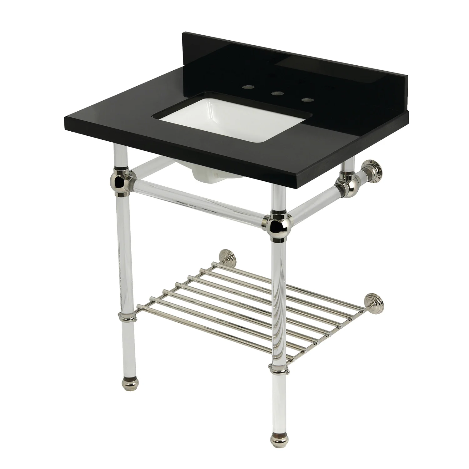 Kingston Tulare KVPK30KASQB6 - Templeton 30-Inch Black Granite Console Sink with Acrylic Legs and Shelf (8-Inch, 3-Hole), Black Granite/Polished Nickel