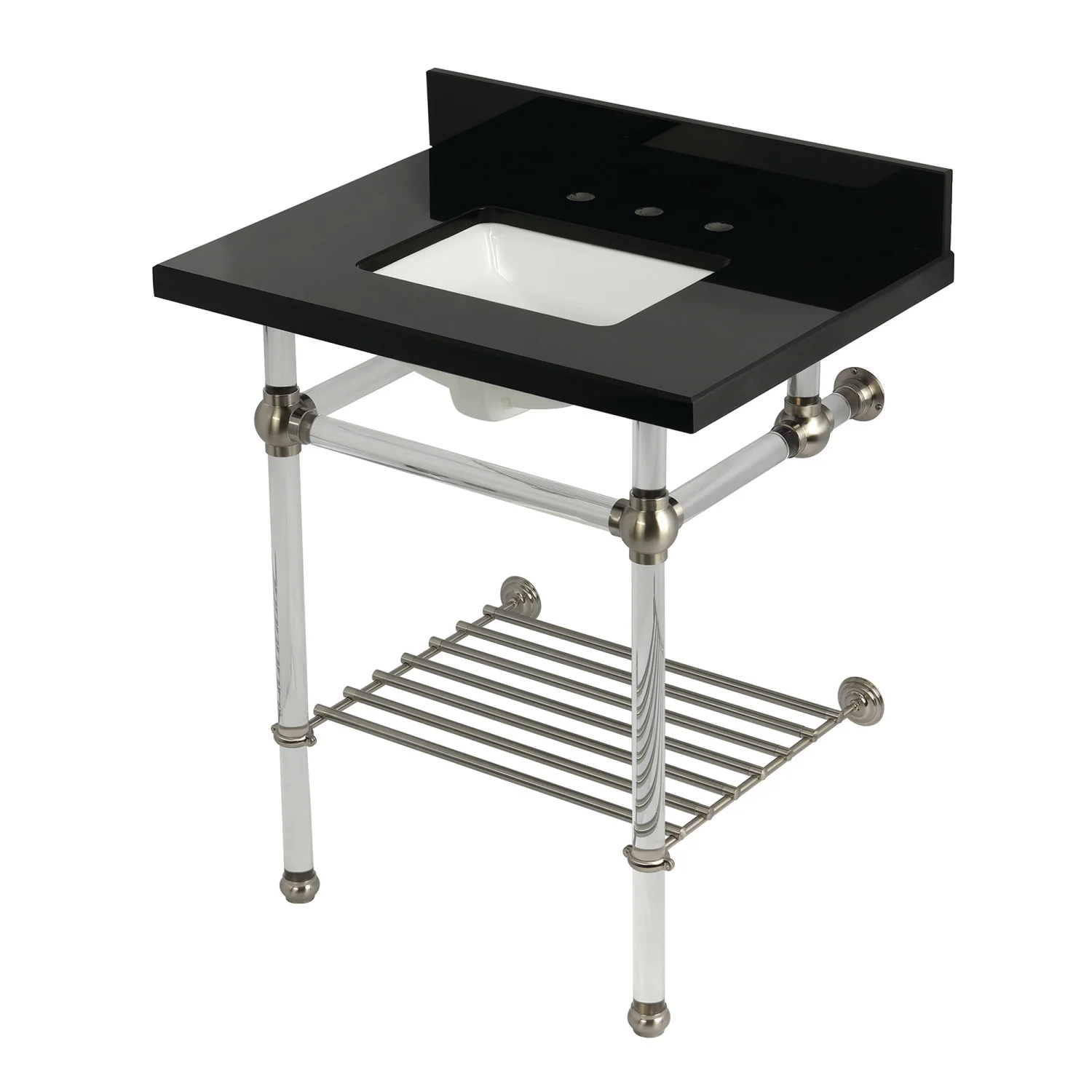 Kingston Tulare KVPK30KASQB8 - Templeton 30-Inch Black Granite Console Sink with Acrylic Legs and Shelf (8-Inch, 3-Hole), Black Granite/Brushed Nickel