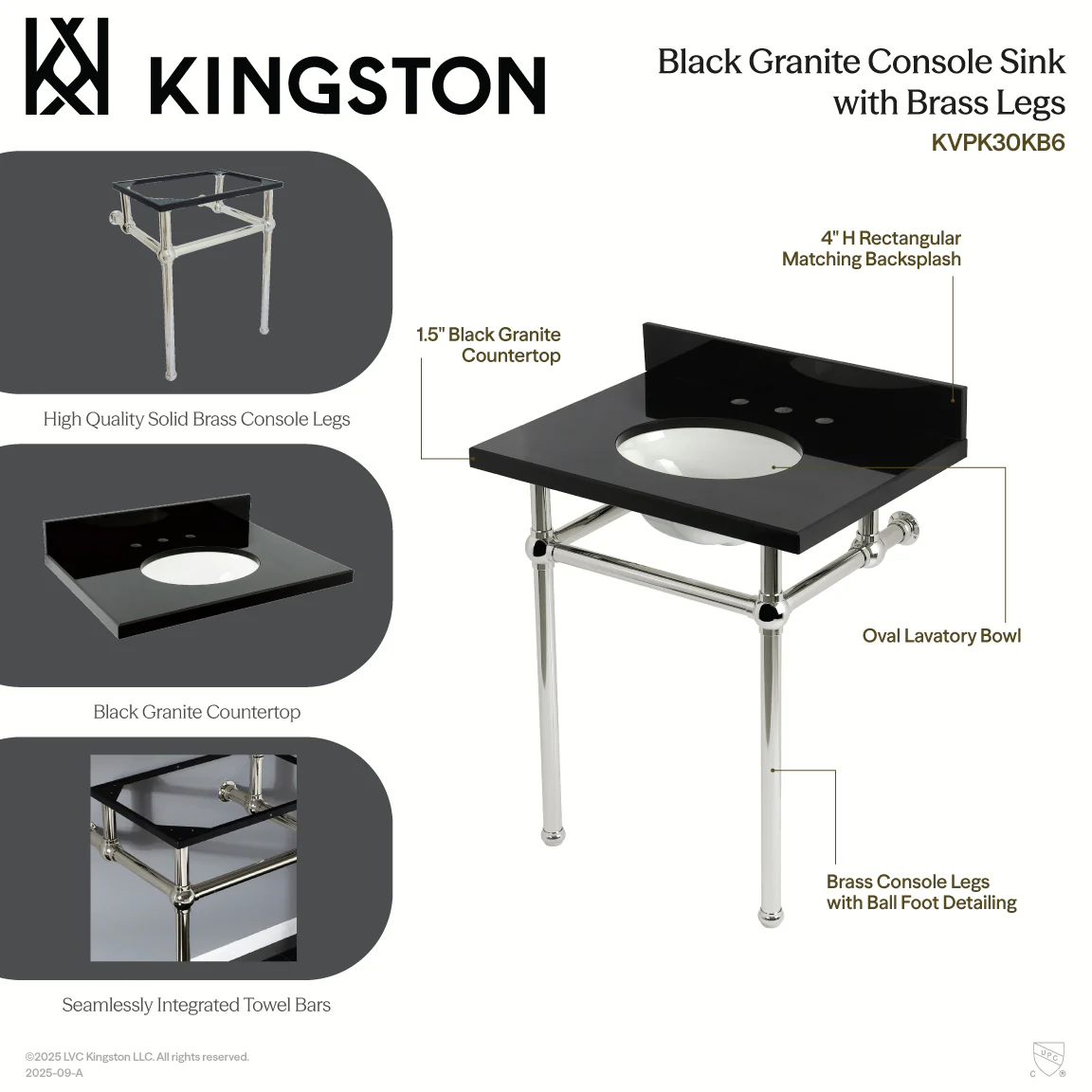 Kingston Heirloom KVPK30KB0 - Templeton 30-Inch Black Granite Console Sink with Brass Legs (8-Inch, 3-Hole), Black Granite/Matte Black - Image 3